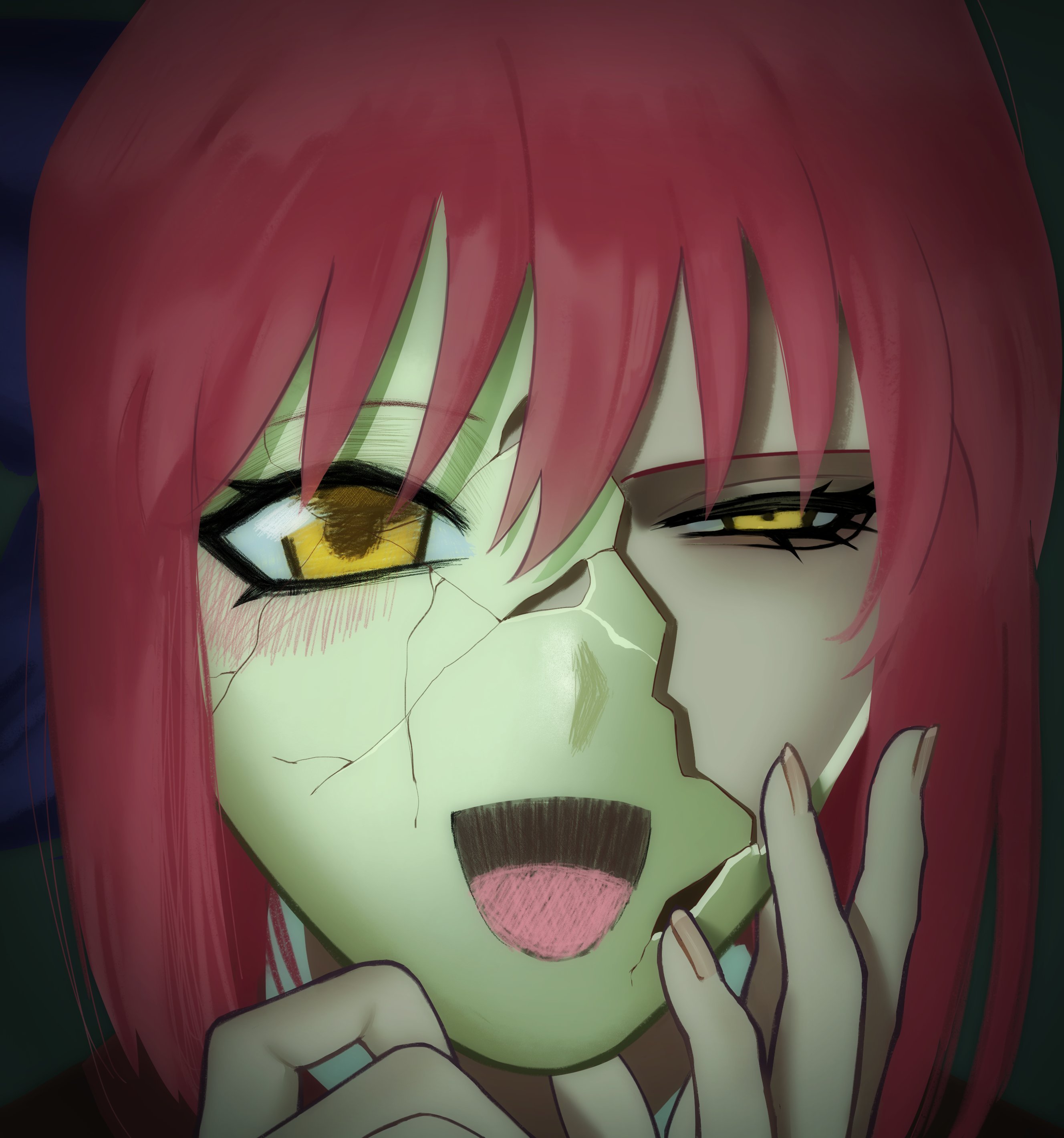 kohaku (tsukihime), tsukihime, absurdres, highres, 1girl, bow, bright pupils, cracked kawaii mask, cracked mask, fingernails, hair between eyes, hair bow, hands on own face, magicaldstroyer, meme, pink hair, portrait, revealing layer, short hair, solo, solo focus, yellow eyes