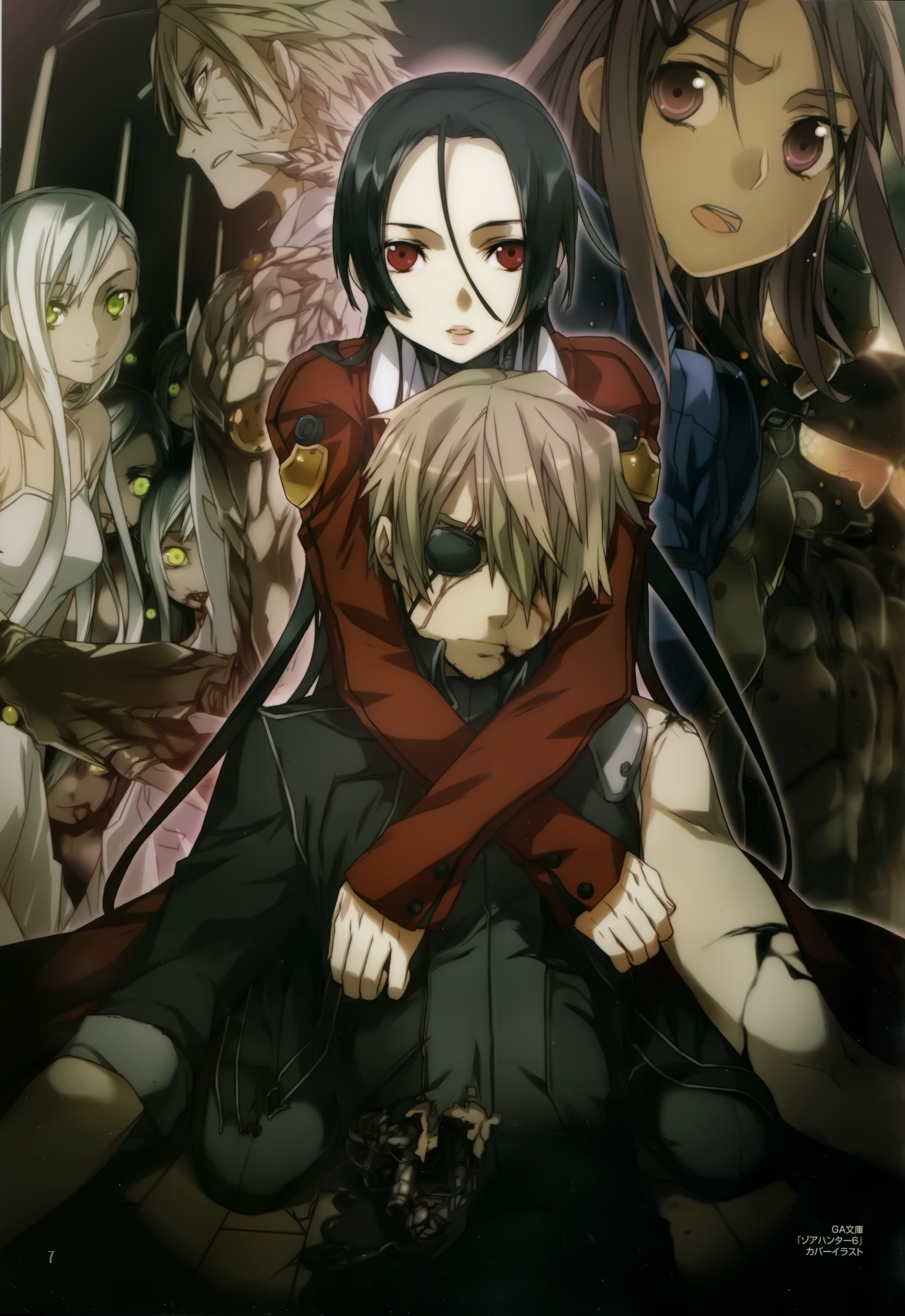 bunbun, kurokawa jou, zoa hunter, absurdres, highres, 2boys, 6+girls, black hair, eyepatch, green eyes, hair ornament, hairclip, long hair, multiple boys, multiple girls, red eyes, short hair, white hair