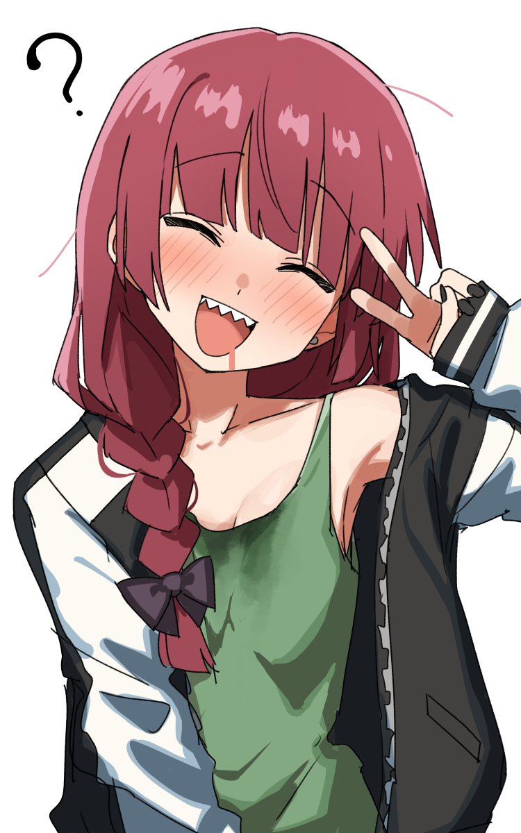 gazacy (dai), hiroi kikuri, bocchi the rock!, highres, 1girl, :d, ?, ^ ^, black jacket, blush, breasts, cleavage, closed eyes, dress, drooling, drunk, green dress, jacket, long hair, open mouth, red hair, sharp teeth, simple background, sleeveless, sleeveless dress, small breasts, smile, solo, teeth, v, white background