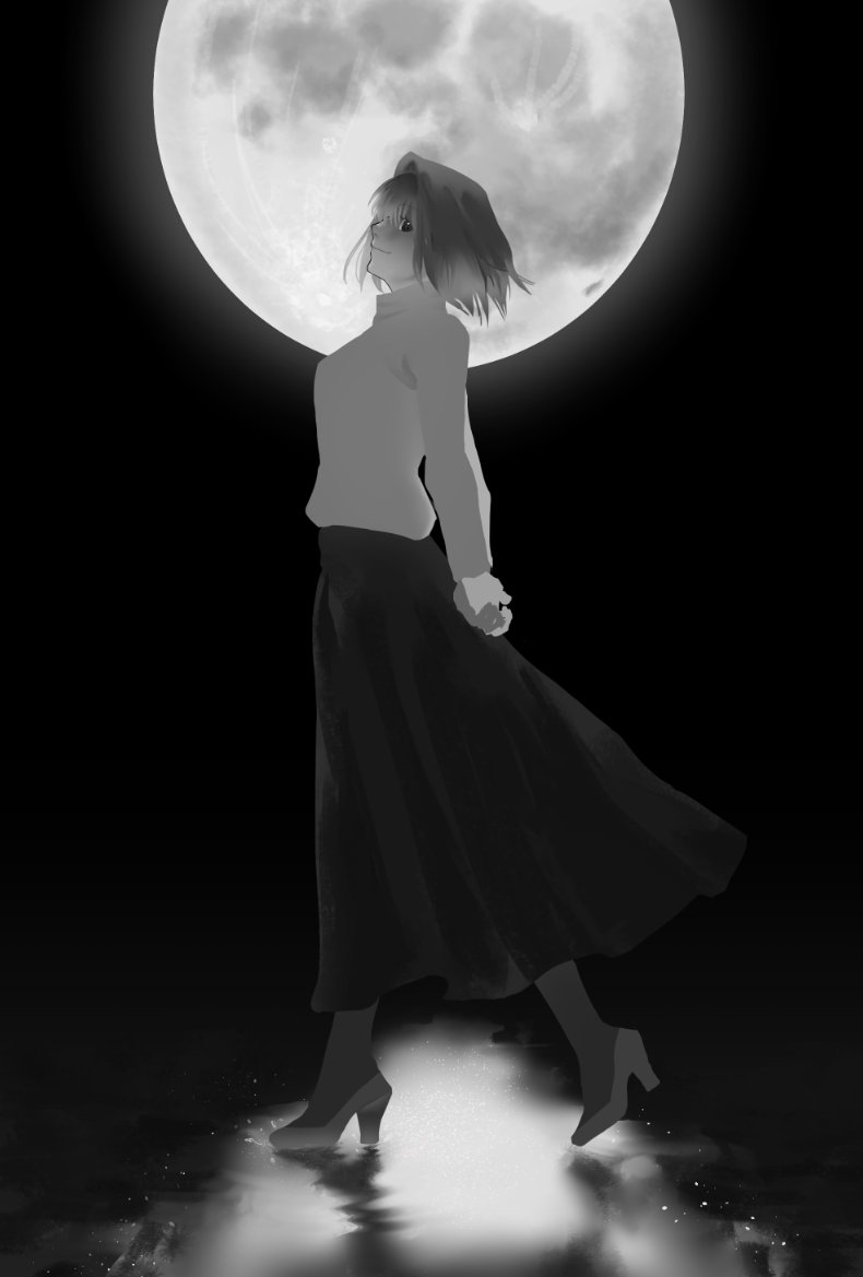 arcueid brunestud, tsukihime, 1girl, ahoge, arms behind back, blush, breasts, floating clothes, from side, full moon, hair intakes, high heels, interlocked fingers, looking at viewer, magicaldstroyer, monochrome, moon, night, own hands together, pantyhose, reflective floor, short hair, skirt, smile, sweater, turtleneck, turtleneck sweater, walking, white sweater