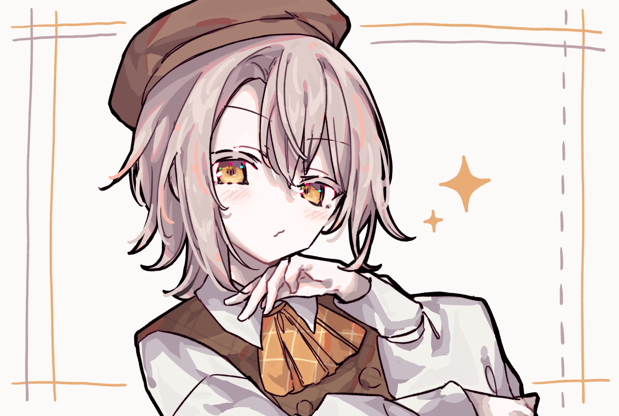 okura 0915, hasumi leia, mahou shoujo no majo saiban, highres, 1girl, ascot, beret, brown hat, collared shirt, hand up, hat, long sleeves, looking at viewer, official alternate costume, shirt, short hair, solo, sparkle, treasure cafe, upper body, white shirt, yellow ascot, yellow eyes