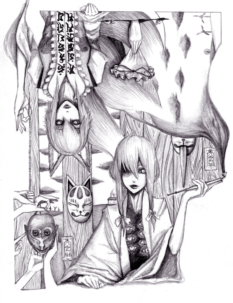 hane (azelye), yakumo ran, yakumo yukari, touhou, bad id, bad pixiv id, graphite (medium), traditional media, 2girls, cloud, creepy, female focus, gap (touhou), greyscale, hair ribbon, hat, horror (theme), kiseru, mask, monochrome, multiple girls, ofuda, ribbon, sketch, smoke, smoking pipe, tongue, upside-down, windmill
