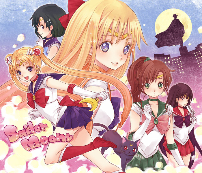 sami (3a3i3a3i), aino minako, chiba mamoru, hino rei, kino makoto, luna (sailor moon), mizuno ami, sailor jupiter, sailor mars, sailor mercury, sailor moon, sailor venus, tsukino usagi, tuxedo kamen, bishoujo senshi sailor moon, bishoujo senshi sailor moon (first season), bad id, bad pixiv id, 1990s (style), 1boy, 5girls, black cat, black hair, blonde hair, blue eyes, blue hair, blue sailor collar, blue skirt, boots, bow, brown hair, cat, choker, double bun, earrings, elbow gloves, gloves, green eyes, green skirt, hair bobbles, hair bun, hair ornament, inner senshi, jewelry, knee boots, long hair, magical girl, multiple girls, pink bow, ponytail, red bow, red skirt, retro artstyle, sailor collar, sailor senshi, short hair, skirt, tiara, twintails, very long hair, white gloves