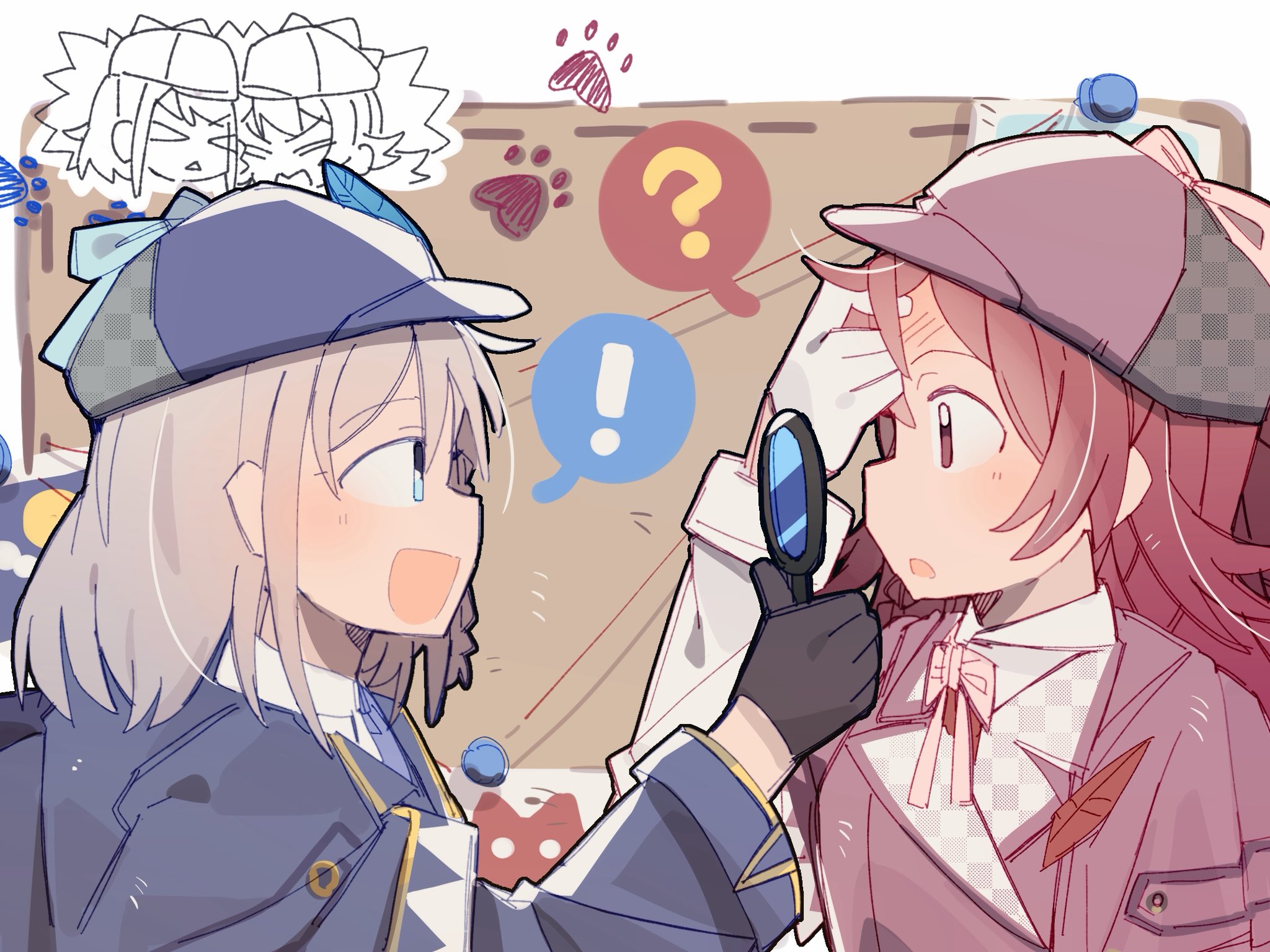 nimingduz, komiya kaho, serizawa asahi, idolmaster, idolmaster shiny colors, commentary, highres, symbol-only commentary, !, 2girls, :d, ?, blonde hair, blue coat, blue eyes, blue hat, bulletin board, coat, colored speech bubble, deerstalker, flipped hair, gloves, hand to forehead, hat, hat ribbon, holding, holding magnifying glass, lapels, long hair, looking at another, magnifying glass, multiple girls, neck ribbon, official alternate costume, open mouth, profile, pushpin, red coat, red hair, red hat, ribbon, short hair, smile, speech bubble, spoken exclamation mark, spoken question mark, white gloves