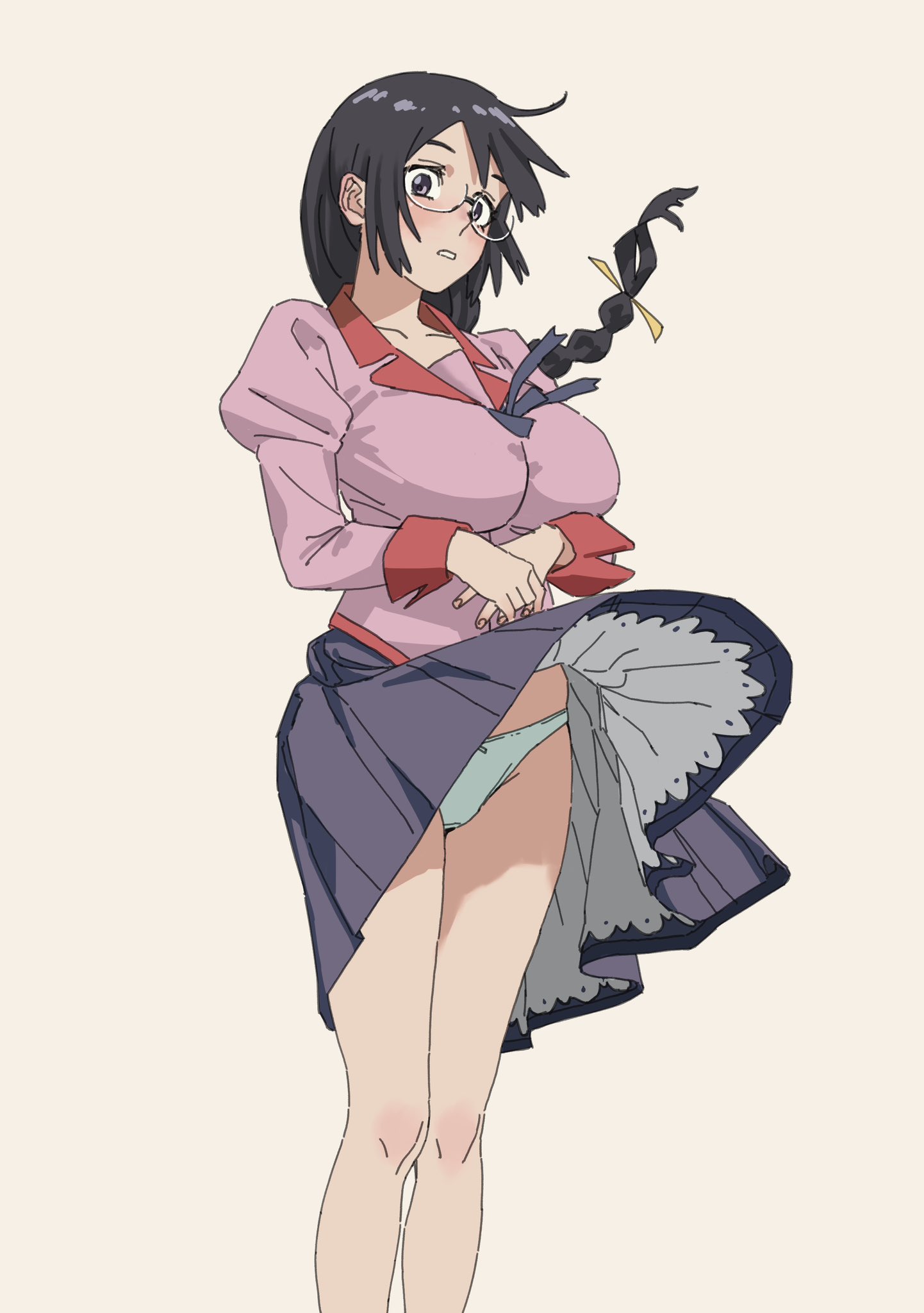 h4sh1rnoto, hanekawa tsubasa, bakemonogatari, monogatari (series), highres, 1girl, black hair, braid, breasts, brown eyes, collarbone, contrast collar, feet out of frame, glasses, hair ribbon, juliet sleeves, knee blush, large breasts, light blush, long hair, long sleeves, looking at viewer, low-braided long hair, low-tied long hair, naoetsu high school uniform, neck ribbon, panties, pink shirt, pleated skirt, puffy sleeves, purple skirt, red trim, ribbon, school uniform, semi-rimless eyewear, shirt, sidelocks, simple background, skirt, sleeve cuffs, solo, standing, underwear, white panties, wind, wind lift, yellow ribbon