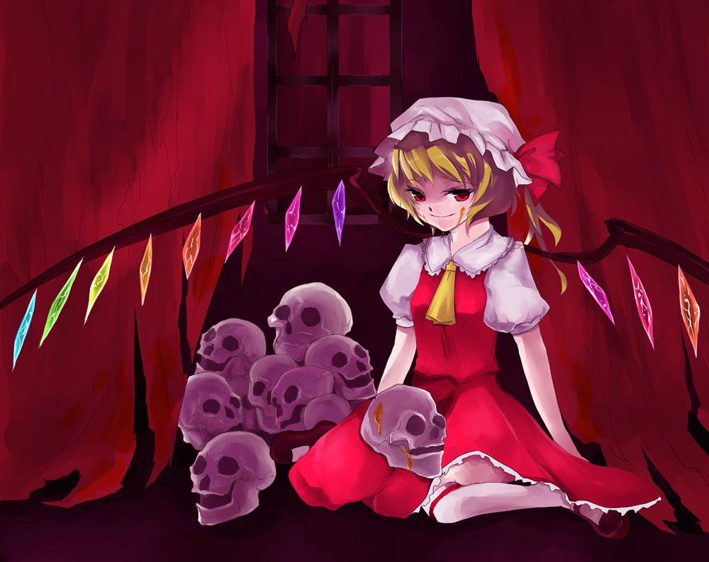 katayama kei, flandre scarlet, touhou, 1girl, blonde hair, blood, blouse, collared shirt, female focus, hat, kneehighs, mob cap, one side up, red eyes, red shoes, shirt, shoes, short hair, side ponytail, skull, socks, solo, white hat, white shirt, white socks, wings