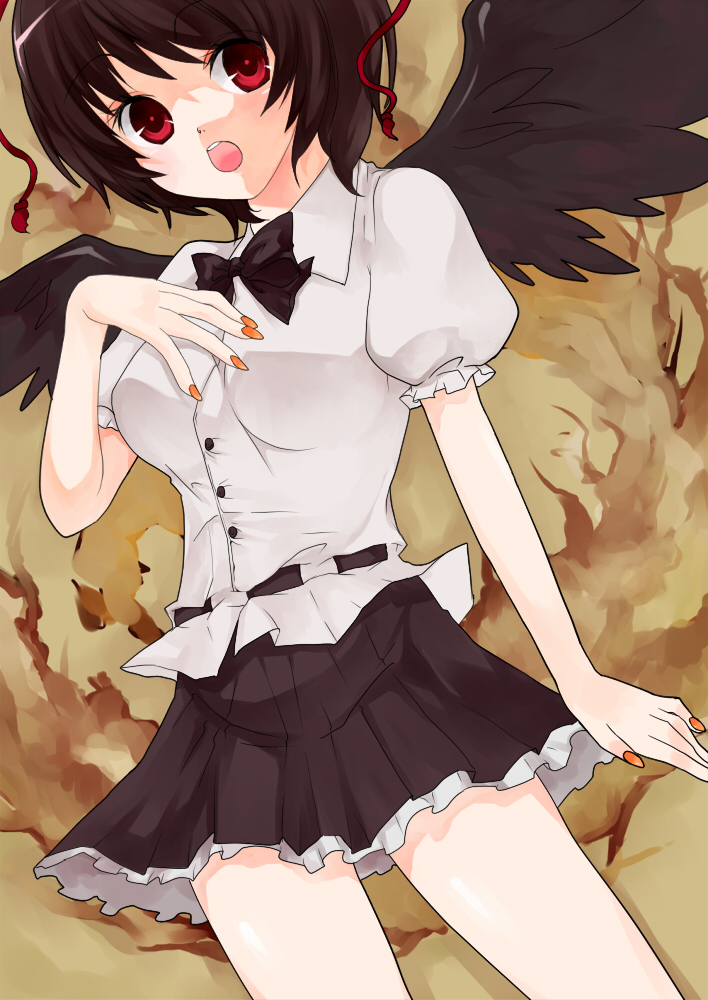 katayama kei, shameimaru aya, touhou, 1girl, black hair, black wings, breasts, female focus, red eyes, short hair, skirt, solo, wings