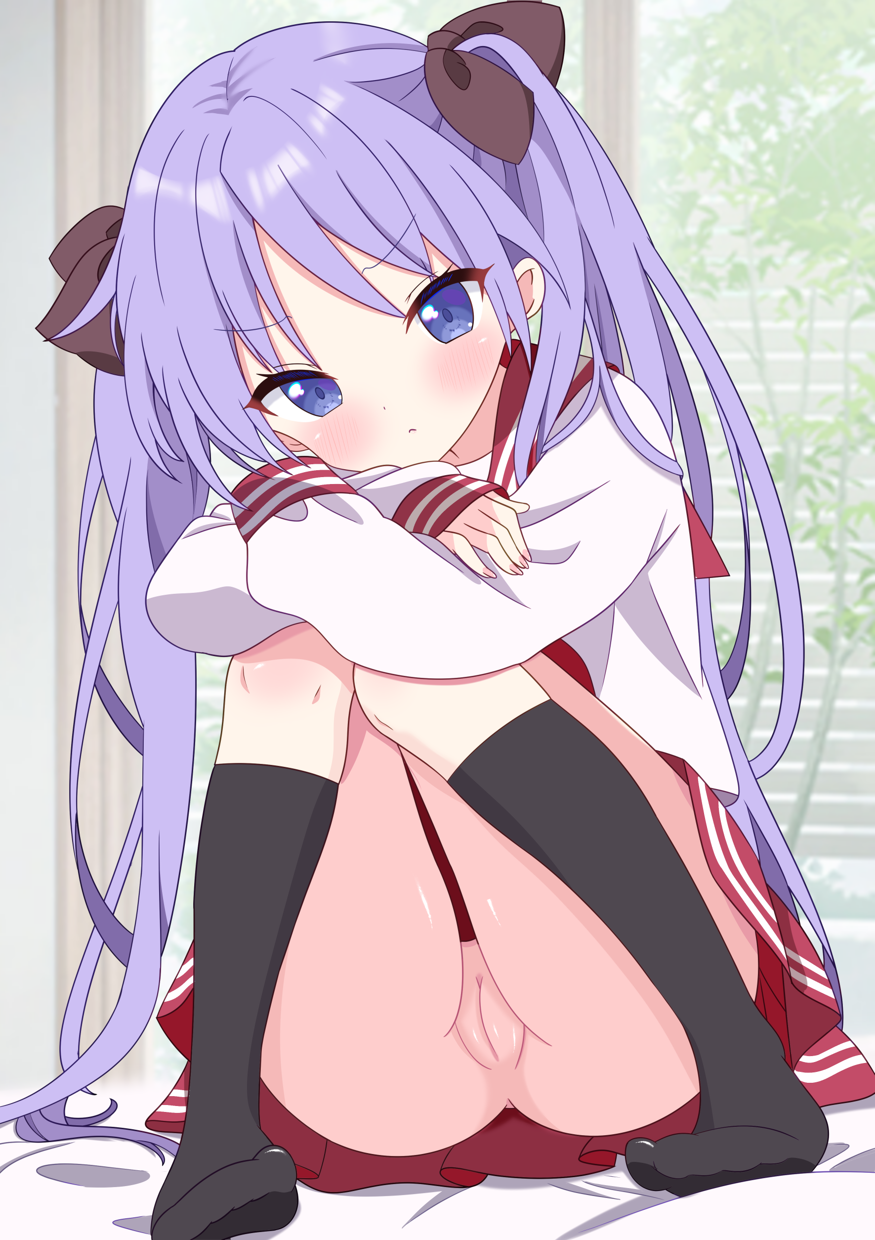 hiiragisensei, hiiragi kagami, lucky star, absurdres, commentary request, highres, 1girl, ass, black ribbon, blue eyes, blush, cleft of venus, clitoris, closed mouth, hair ribbon, head tilt, kneehighs, long hair, long sleeves, looking at viewer, no panties, no shoes, pleated skirt, purple hair, pussy, ribbon, ryouou school uniform, sailor collar, school uniform, serafuku, shirt, sitting, skirt, socks, solo, twintails, uncensored, very long hair, white shirt