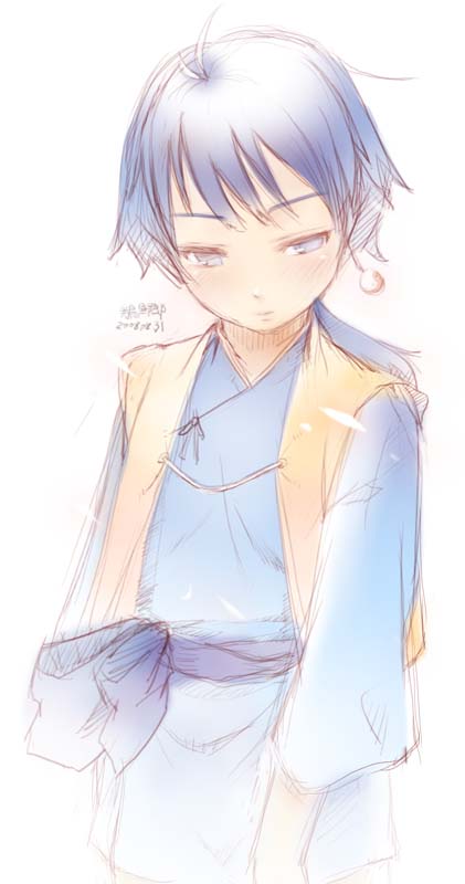 nakada, linaly klauser, final fantasy, final fantasy legend of the crystals, final fantasy v, 1990s (style), 1girl, androgynous, blue eyes, blue hair, earrings, female focus, jewelry, matching hair/eyes, retro artstyle, reverse trap, sash, short hair, solo