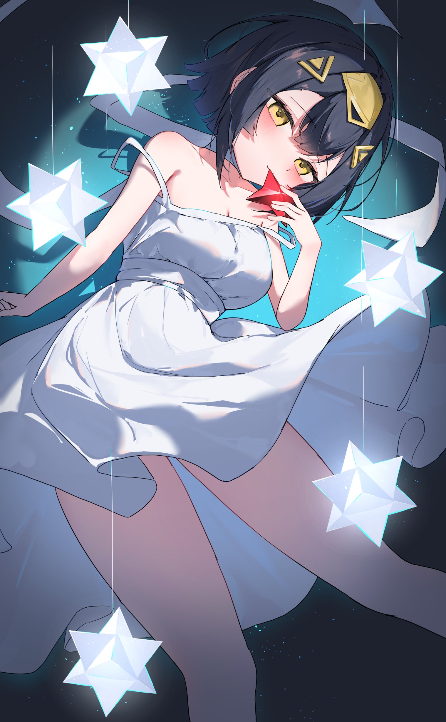 chisei259, amber (stella sora), stella sora, absurdres, commentary request, highres, 1girl, amber (talent) (stella sora), bare legs, bare shoulders, black hair, breasts, cleavage, double strap slip, dress, feet out of frame, four-pointed star, holding, holding star, large breasts, light particles, looking at viewer, medium hair, official alternate costume, six pointed star, sleeveless, sleeveless dress, solo, star (symbol), strap slip, white dress, yellow eyes