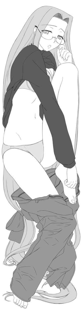 siseru samurai, medusa (fate), medusa (rider) (fate), fate/stay night, fate (series), highres, long image, tall image, 00s, 1girl, barefoot, bra, denim, female focus, glasses, greyscale, jeans, lingerie, long hair, low-tied long hair, monochrome, panties, pants, solo, square pupils, underwear, undressing, very long hair