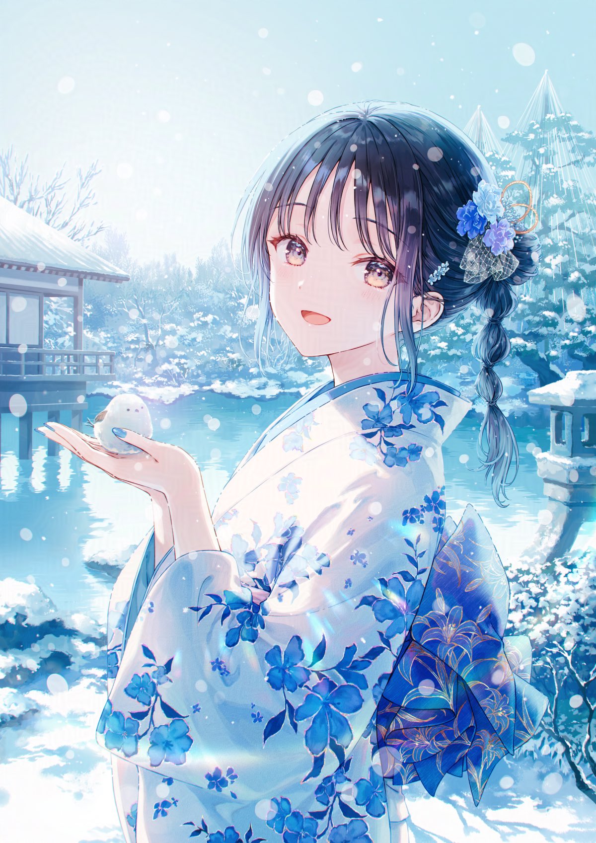 hiten (hitenkei), original, highres, 1girl, bird, blue nails, garden, hair ornament, japanese clothes, kimono, looking at viewer, pond, smile, snow