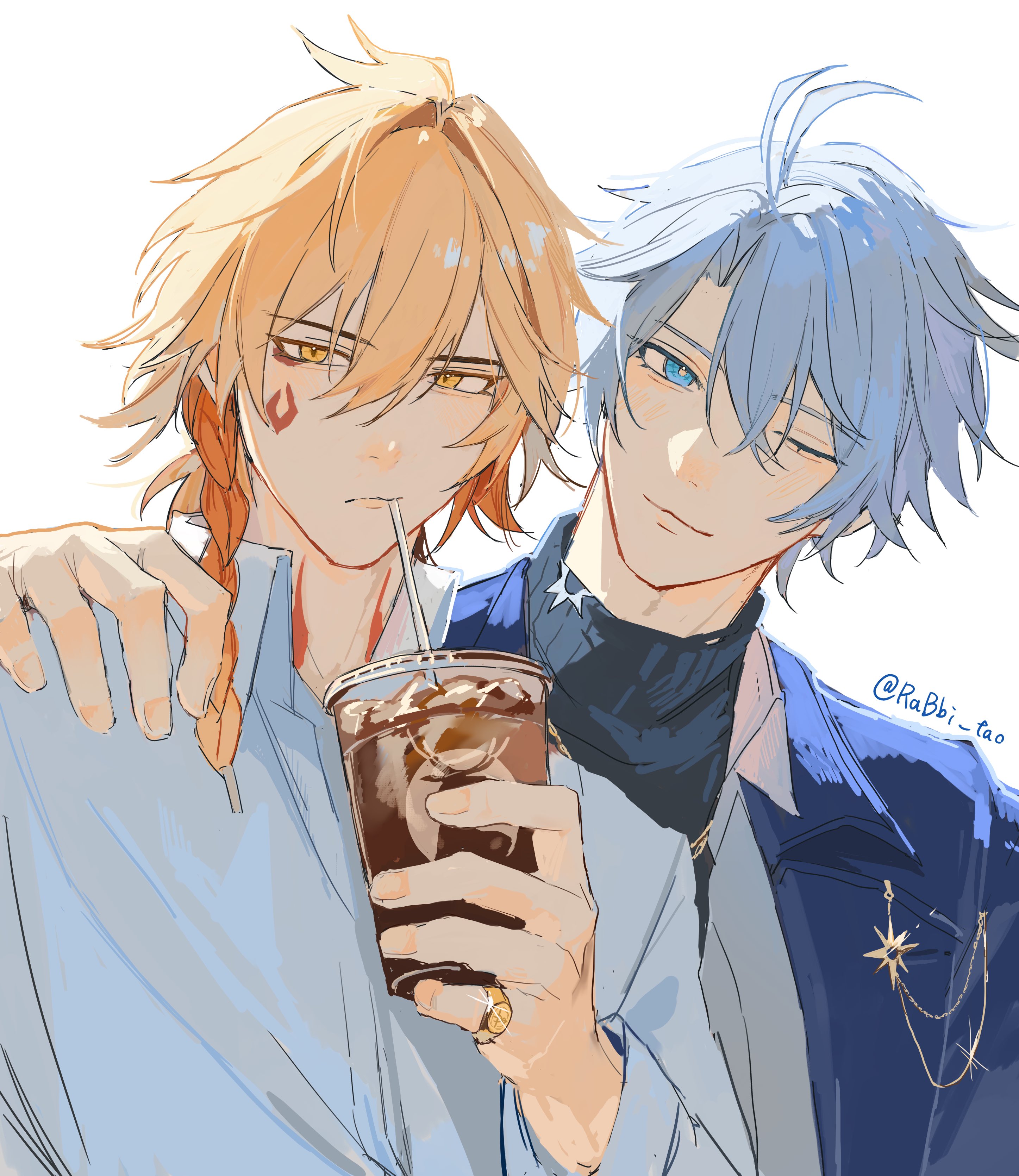 mydei (honkai: star rail), phainon (honkai: star rail), phainon (luckin coffee) (honkai: star rail), honkai: star rail, honkai (series), absurdres, commentary request, highres, 2boys, antenna hair, black sweater, blonde hair, blue coat, blue eyes, braid, coat, collared shirt, cup, drinking straw, facial tattoo, gold ring, gradient hair, hand on another's shoulder, holding, holding cup, male focus, medium hair, multicolored hair, multiple boys, neck tattoo, official alternate costume, one eye closed, parted bangs, rabbi tao, red hair, red tattoo, shirt, short hair, side braid, simple background, sweater, tattoo, turtleneck, turtleneck sweater, twitter username, white background, white hair, white shirt, yellow eyes