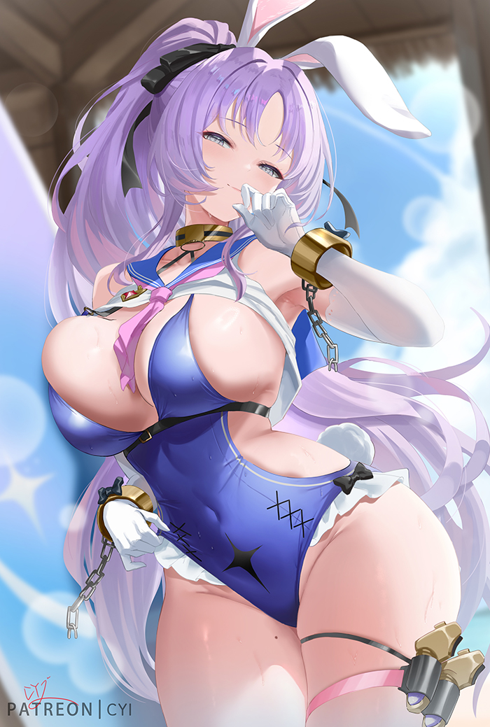 cyicheng, shia (stella sora), stella sora, 1girl, animal ears, blue one-piece swimsuit, blush, breasts, chain, closed mouth, covered navel, day, elbow gloves, gloves, large breasts, long hair, looking at viewer, mole, mole on thigh, one-piece swimsuit, outdoors, parted bangs, patreon username, ponytail, purple hair, rabbit ears, sideboob, smile, solo, surfboard, swimsuit, thigh strap, thighs, white gloves