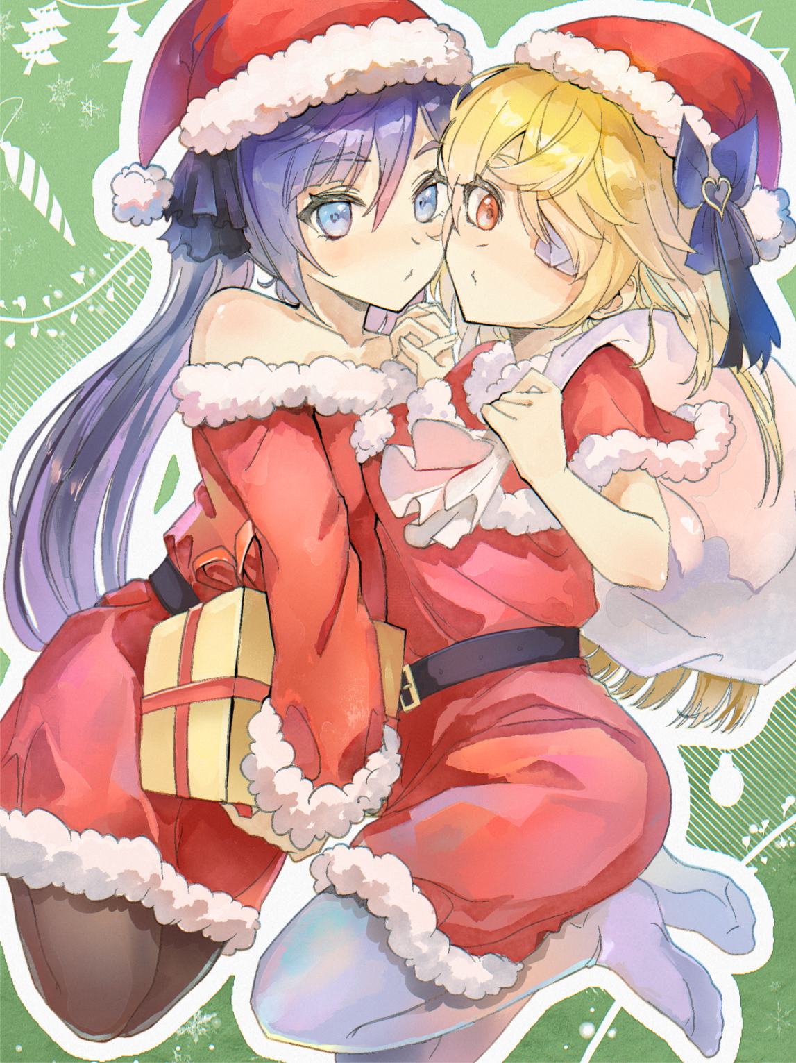 didronixx, fischl (genshin impact), mona (genshin impact), genshin impact, derivative work, highres, 2girls, belt, blonde hair, blue eyes, box, cheek-to-cheek, dress, gift, gift box, hair over one eye, hat, heads together, holding hands, long hair, looking at viewer, multiple girls, no shoes, outline, pantyhose, purple hair, red eyes, santa costume, santa dress, santa hat, white outline, white pantyhose