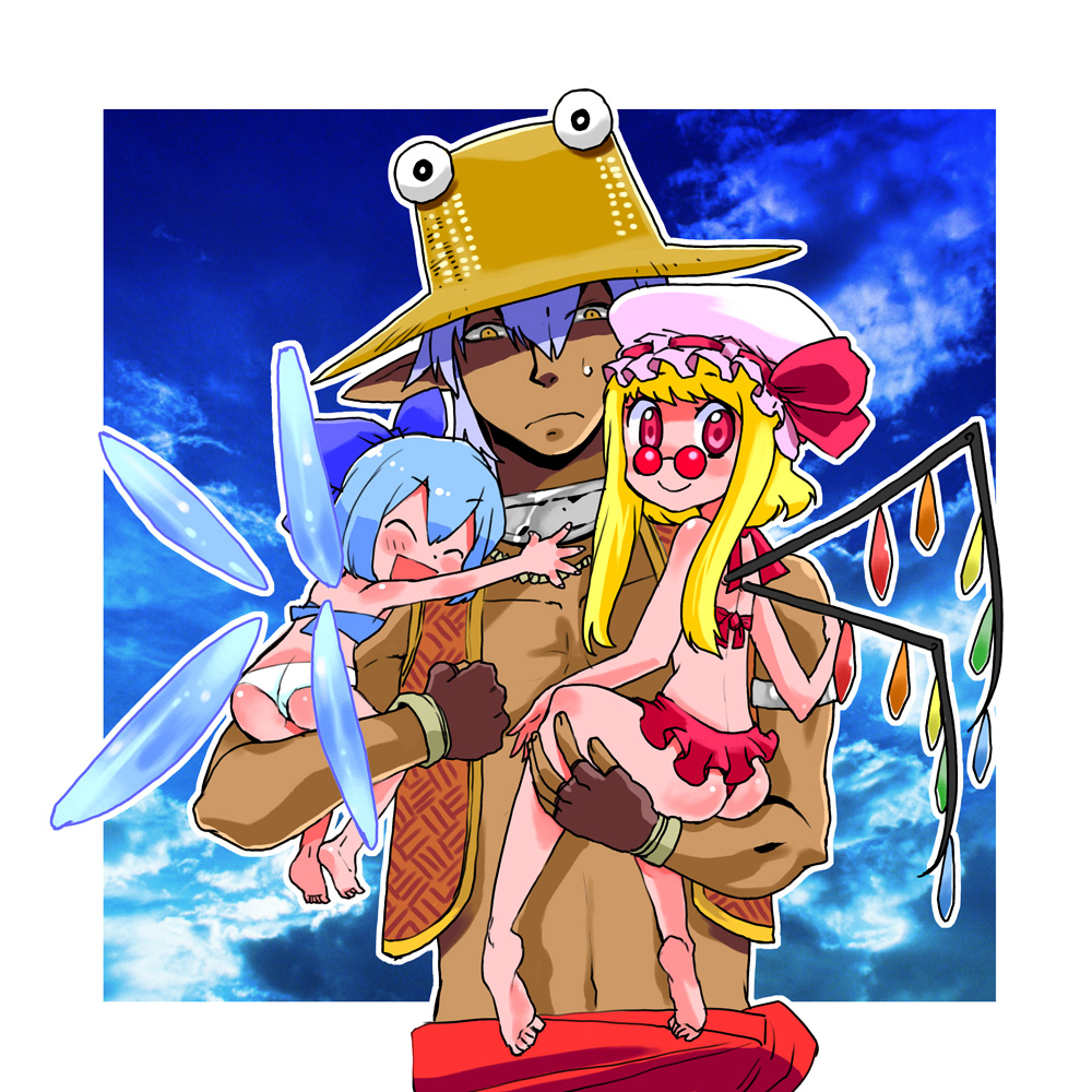 makaron, buront, cirno, elvaan, flandre scarlet, moriya suwako, pyonta, final fantasy, final fantasy xi, the iron of yin and yang, touhou, bad id, bad pixiv id, 1boy, 2girls, ass, barefoot, bikini, blonde hair, cosplay, crossover, day, elf, feet, fingerless gloves, gloves, hat, hug, moriya suwako (cosplay), multiple girls, pointy ears, short hair, sky, sunglasses, swimsuit, wings