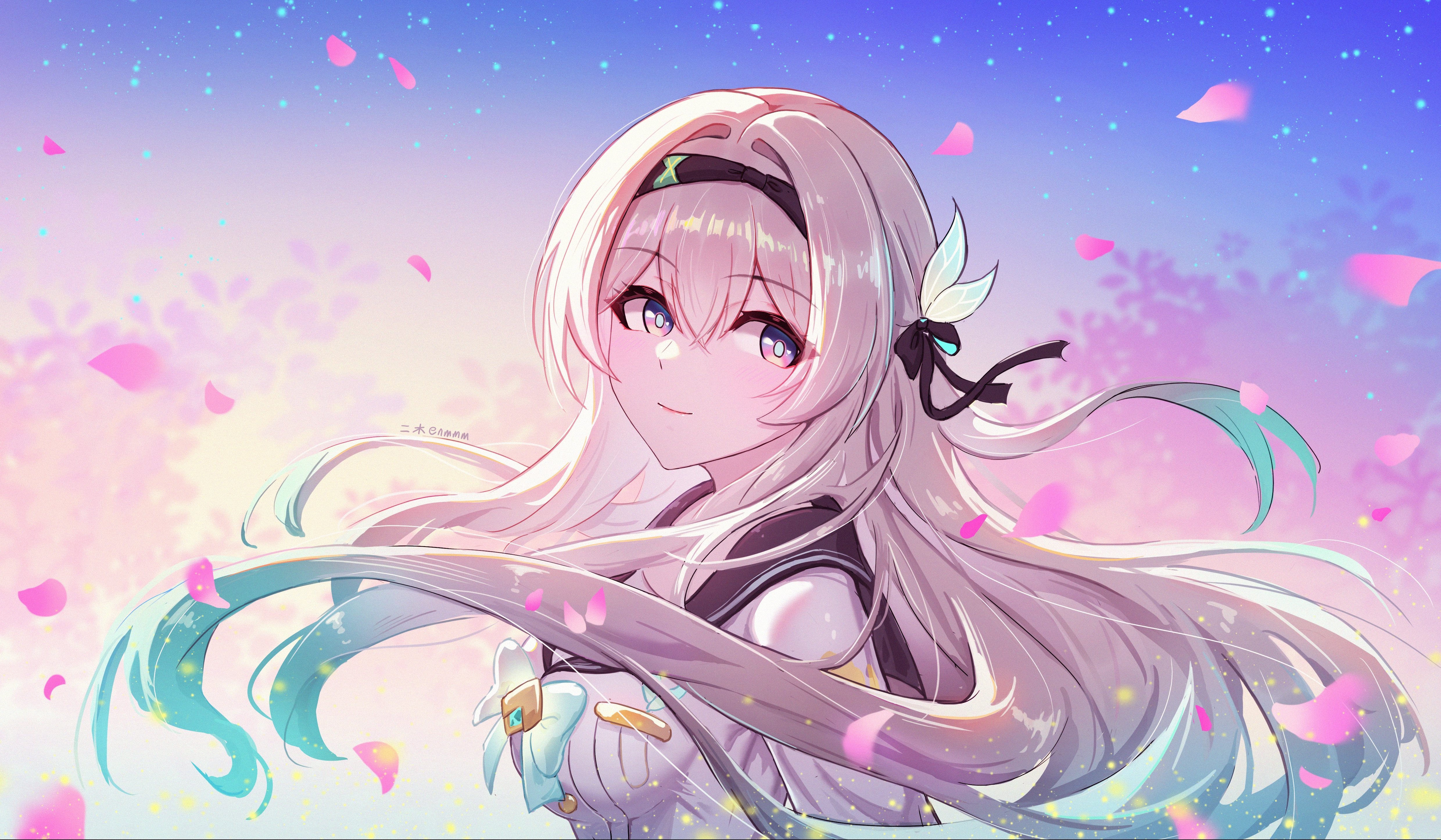 ermu (enmmm), firefly (honkai: star rail), firefly (spring missive) (honkai: star rail), honkai: star rail, honkai (series), absurdres, commentary request, highres, 1girl, aqua bow, aqua bowtie, aqua hair, artist name, black sailor collar, bow, bowtie, breasts, fireflies, floating hair, from side, gradient eyes, gradient hair, gradient sky, grey hair, hair between eyes, hair intakes, hair ornament, headband, light particles, long hair, long sleeves, looking at viewer, medium breasts, multicolored eyes, multicolored hair, official alternate costume, outdoors, pink petals, purple eyes, sailor collar, school uniform, serafuku, sidelocks, sky, smile, solo, tree, upper body, very long hair, white trim