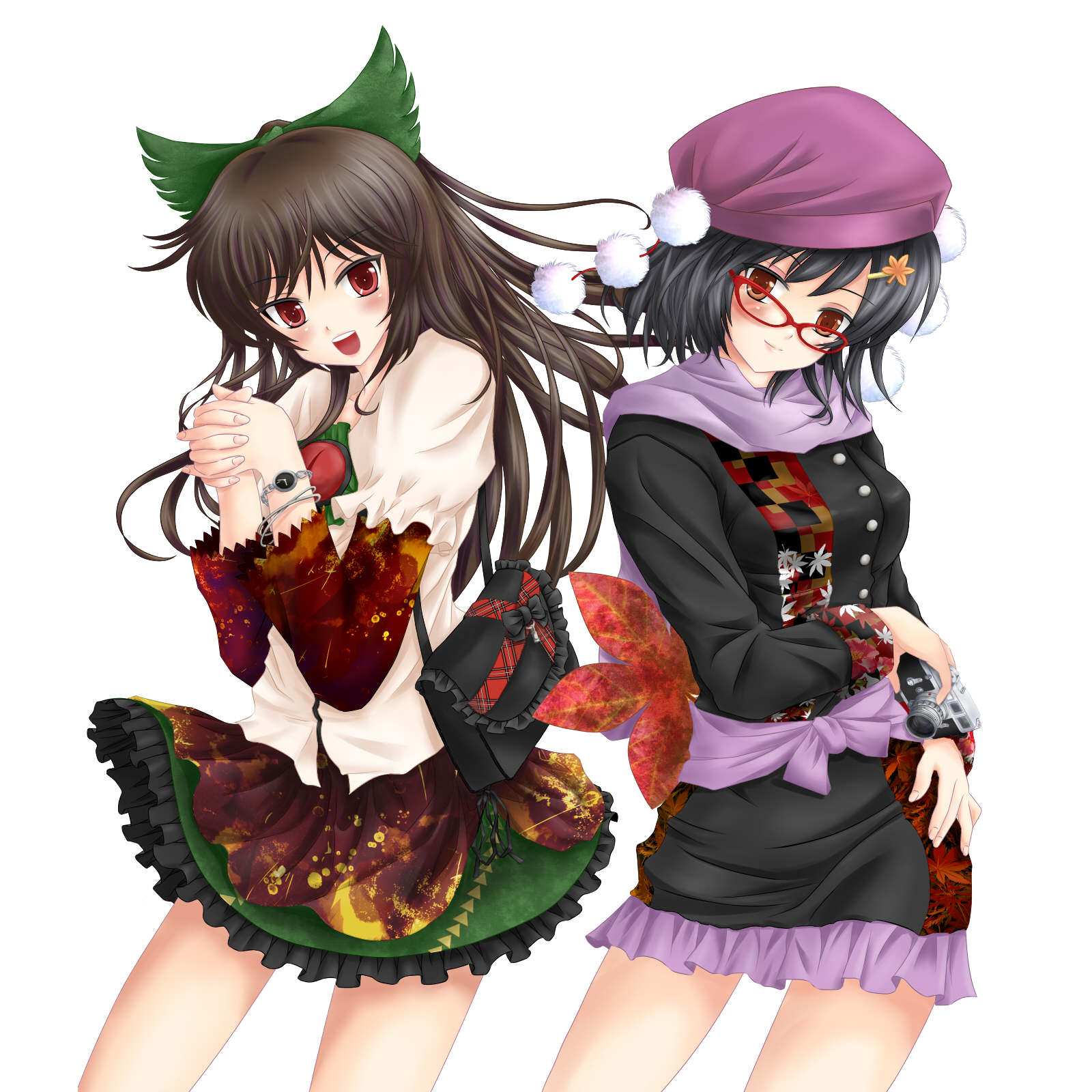 nekokotei, reiuji utsuho, shameimaru aya, touhou, bad id, bad pixiv id, highres, 2girls, alternate costume, bespectacled, black hair, bow, brown hair, camera, contemporary, female focus, glasses, hat, long hair, multiple girls, red eyes, short hair
