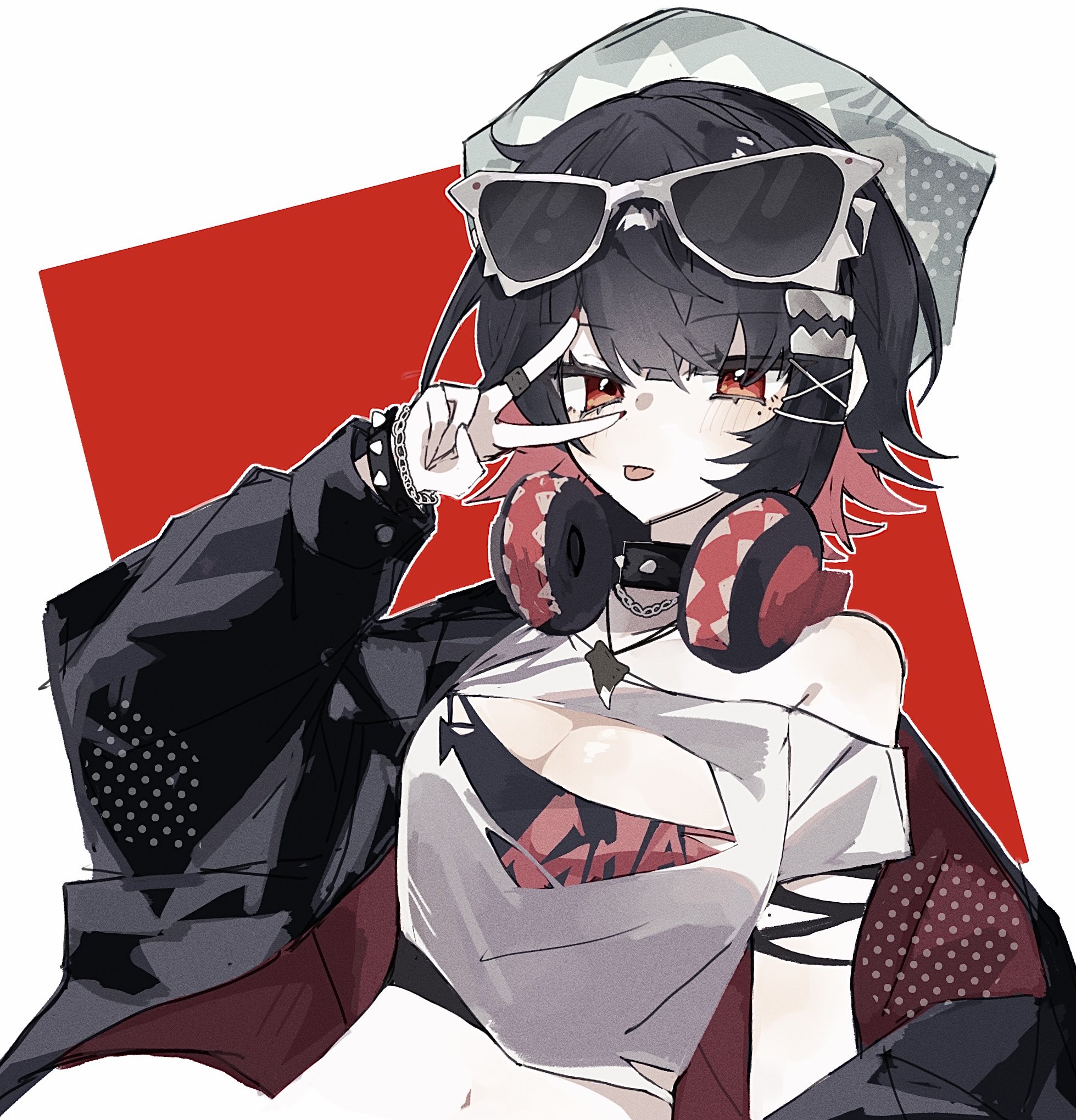 hyb muyuu, ellen joe, zenless zone zero, commentary request, highres, 1girl, black hair, black jacket, breasts, cleavage, eyewear on head, headphones, headphones around neck, jacket, large breasts, looking at viewer, midriff, multicolored hair, navel, official alternate costume, red eyes, red hair, shirt, simple background, solo, sunglasses, two-tone background, two-tone hair, v, v over eye, white background, white shirt