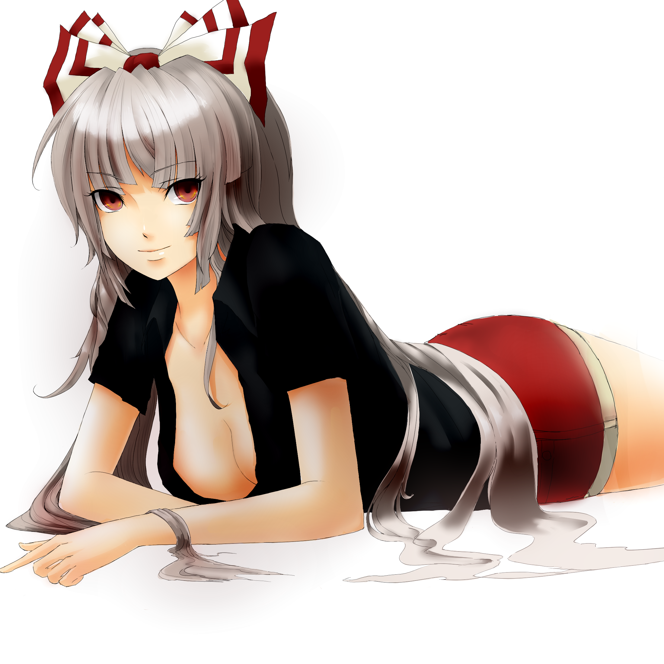minato (shouno), fujiwara no mokou, touhou, silver hair, highres, 1girl, black shirt, bow, breasts, cleavage, female focus, hair bow, long hair, lying, on stomach, red eyes, shirt, solo, white background