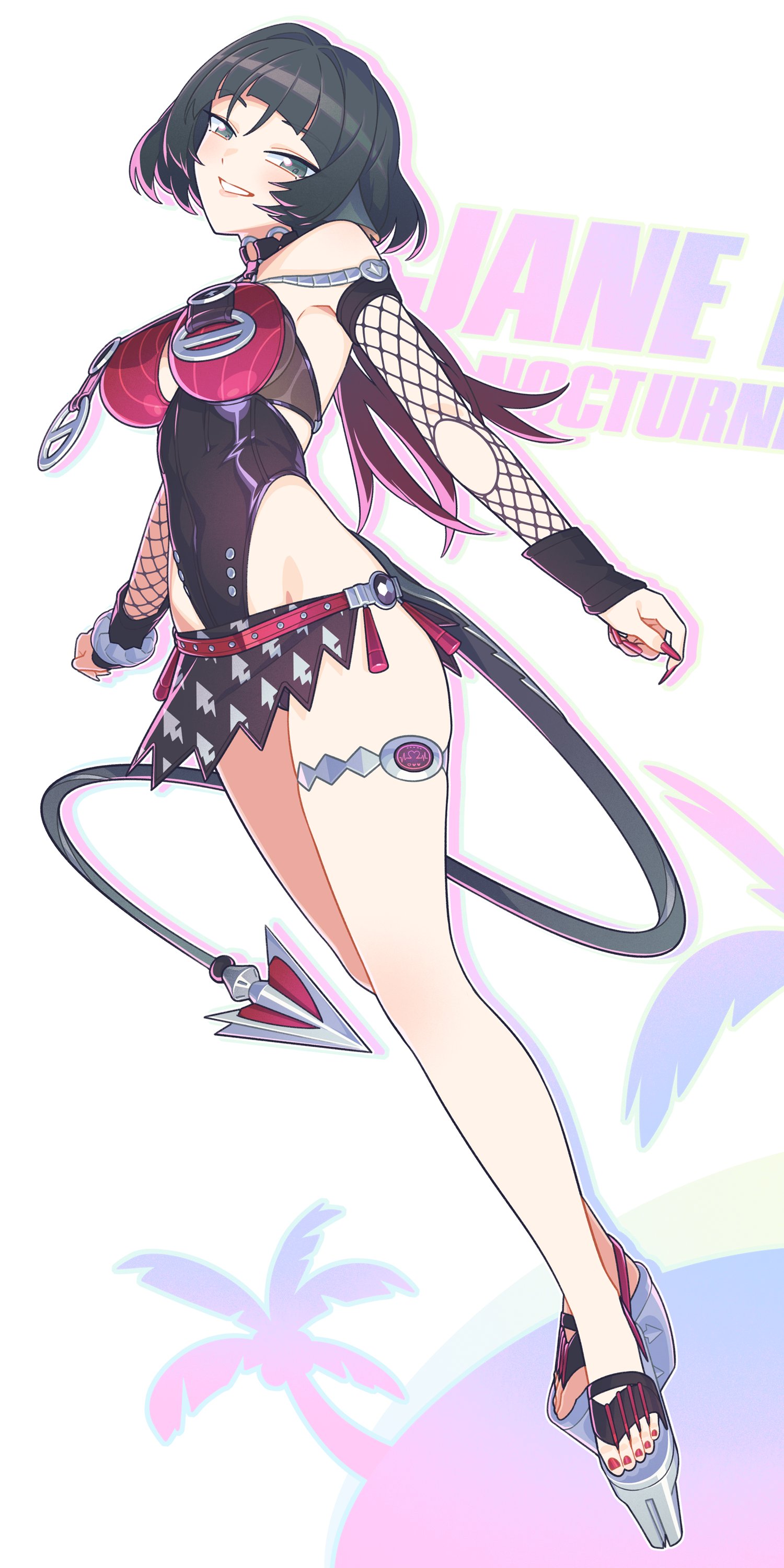 yan wan, jane doe (nocturne of light) (zenless zone zero), jane doe (zenless zone zero), zenless zone zero, absurdres, hashtag-only commentary, highres, 1girl, animal ears, black hair, black one-piece swimsuit, black sarong, breasts, character name, choker, covered navel, fingernails, fishnet sleeves, fishnets, full body, grey eyes, head tilt, high heel sandals, jewelry, long hair, looking at viewer, medium breasts, mouse ears, mouse girl, mouse tail, multicolored hair, nail polish, o-ring, o-ring choker, o-ring swimsuit, official alternate costume, one-piece swimsuit, open-toe shoes, platform heels, red hair, red nails, red one-piece swimsuit, sandals, sarong, sharp fingernails, sharp tail, smile, solo, standing, swimsuit, tail, thighlet, toenail polish, toenails, wedge heels