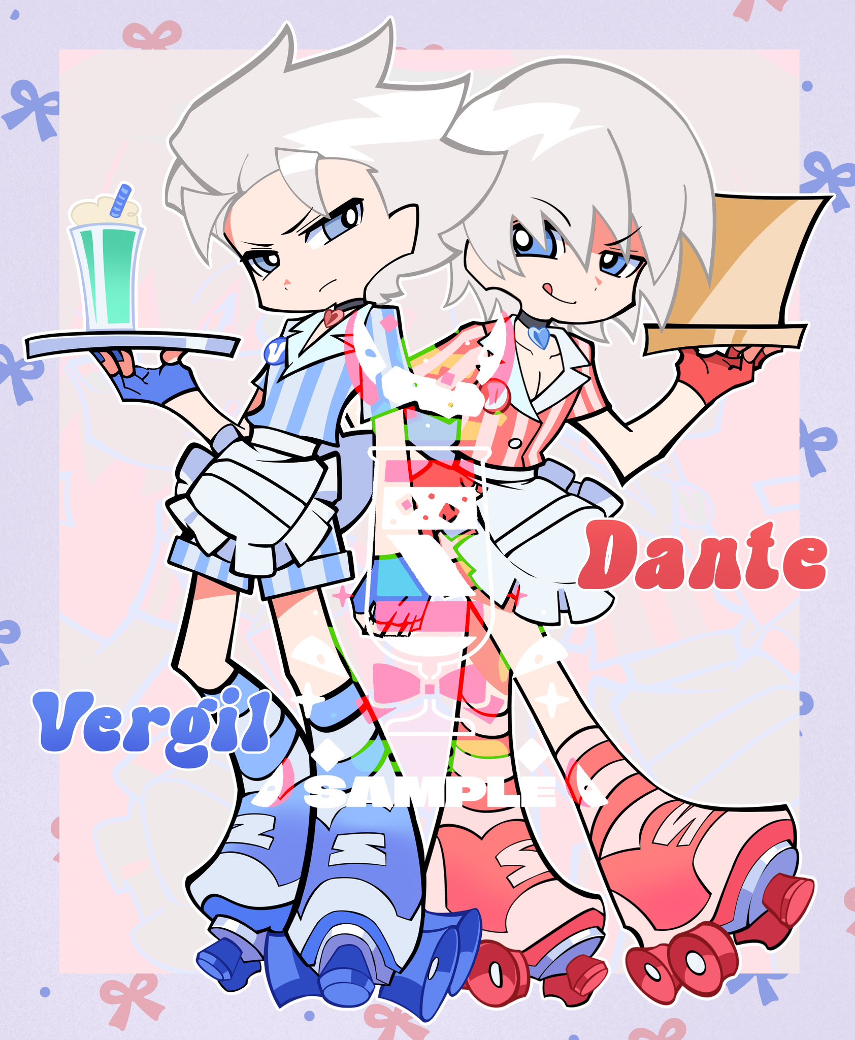 dante (devil may cry), vergil (devil may cry), devil may cry (series), panty & stocking with garterbelt, highres, 2boys, :q, alternate costume, apron, black choker, blue eyes, blue gloves, blue jacket, choker, color-coded, fingerless gloves, frilled apron, frills, frown, full body, gloves, hair slicked back, holding, holding tray, jacket, jewelry, looking at another, looking at viewer, male focus, multiple boys, panty & stocking with garterbelt (style), pectoral cleavage, pectorals, pendant, red gloves, red jacket, roller skates, sample watermark, shorts, skates, striped clothes, striped jacket, striped shorts, tongue, tongue out, tray, waist apron, watermark, white hair, xuehei52299