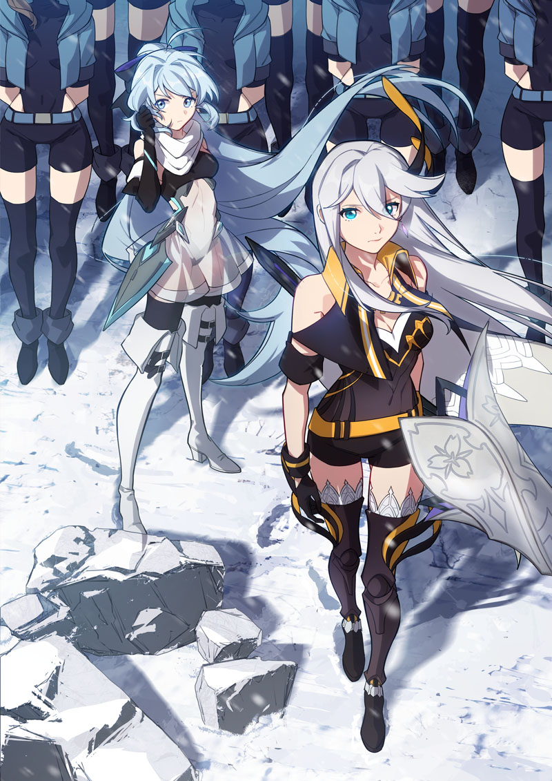 cecilia schariac, shigure kira, honkai (series), honkai impact 3rd, bad link, official art, 2girls, adjusting hair, black boots, black shirt, black shorts, blue eyes, blue hair, boots, breasts, covered navel, crowd, dress, elbow gloves, floating hair, gloves, large breasts, long hair, medium breasts, multiple girls, navel, see-through clothes, see-through dress, shirt, shorts, snowing, thigh boots, thighhighs, white boots, white hair
