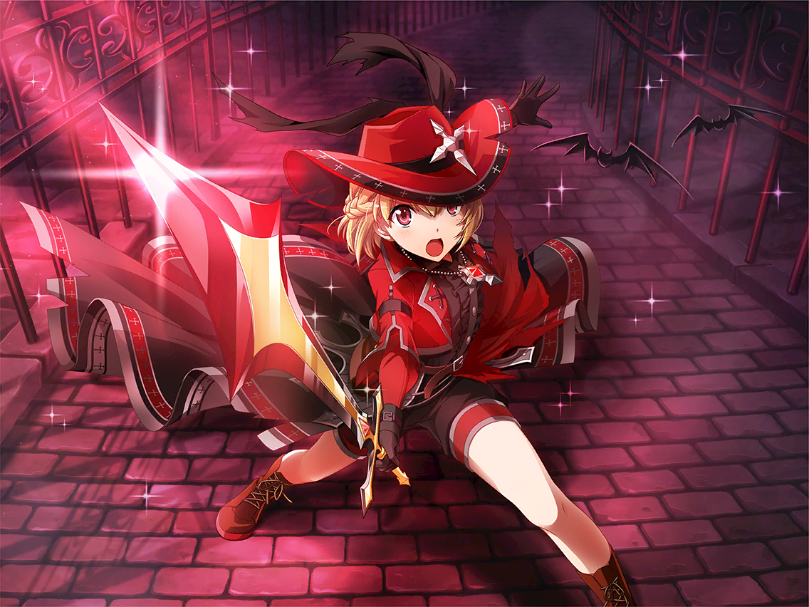 alucard (hellsing), otori michiru, hellsing, shoujo kageki revue starlight, shoujo kageki revue starlight -re live-, game cg, official art, 1girl, alucard (hellsing) (cosplay), bat (animal), black gloves, black shirt, black shorts, blonde hair, boots, braid, brown boots, center frills, cosplay, cropped jacket, fighting stance, frills, gloves, greatsword, half up braid, hat, holding, holding sword, holding weapon, jacket, jewelry, lace-up boots, long sleeves, looking at viewer, necklace, open mouth, pavement, red eyes, red hat, red jacket, shirt, short hair, shorts, solo, sword, weapon