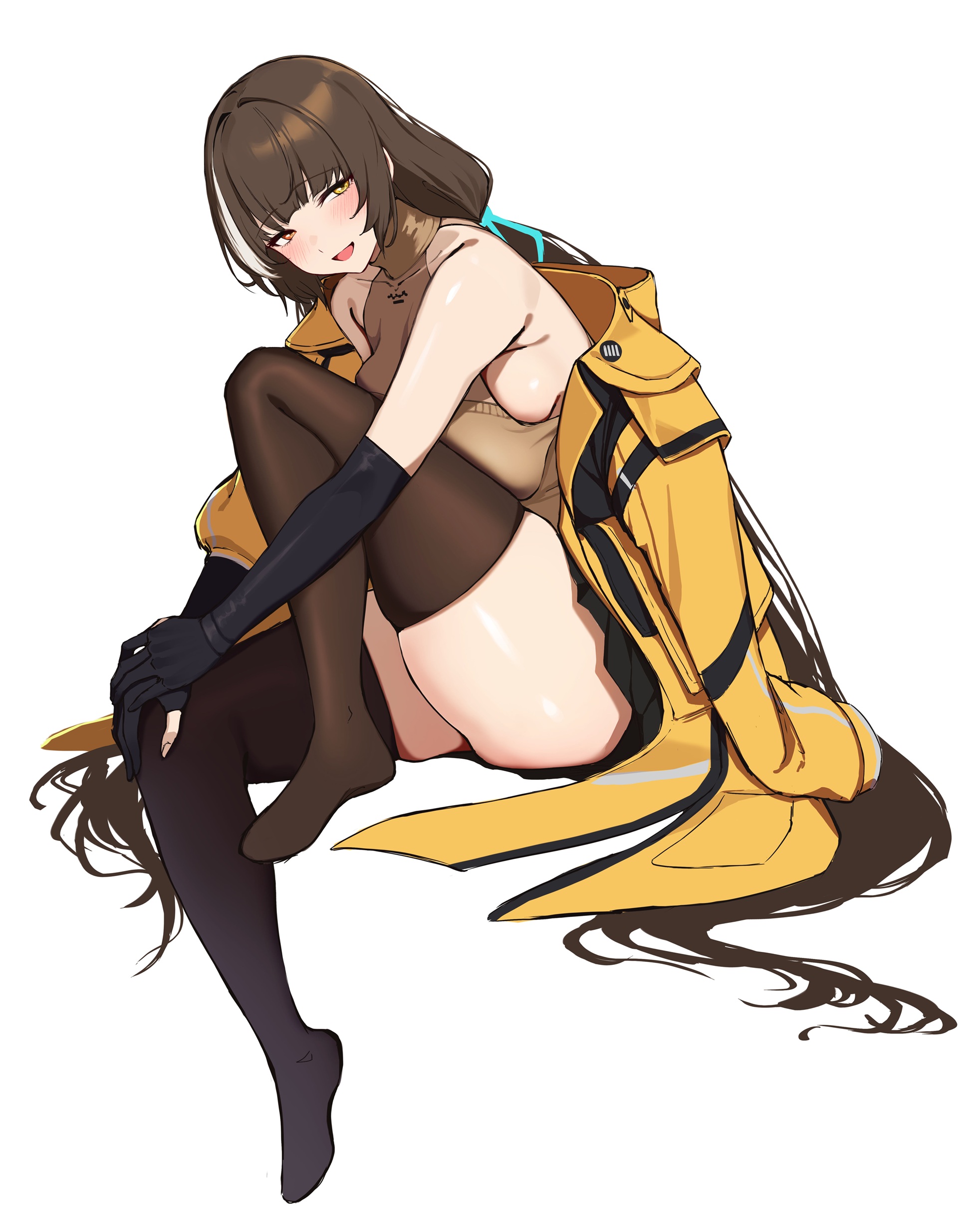 3 small spiders, ro635 (girls' frontline), robella (girls' frontline 2), girls' frontline, girls' frontline 2: exilium, absurdres, commentary request, highres, 1girl, black gloves, black skirt, blush, brown hair, brown sweater, full body, gloves, heterochromia, jacket, long hair, looking at viewer, multicolored hair, open clothes, open jacket, open mouth, partially fingerless gloves, pleated skirt, red eyes, simple background, skindentation, skirt, sleeveless, sleeveless sweater, smile, solo, streaked hair, sweater, two-tone hair, white background, white hair, yellow eyes, yellow jacket