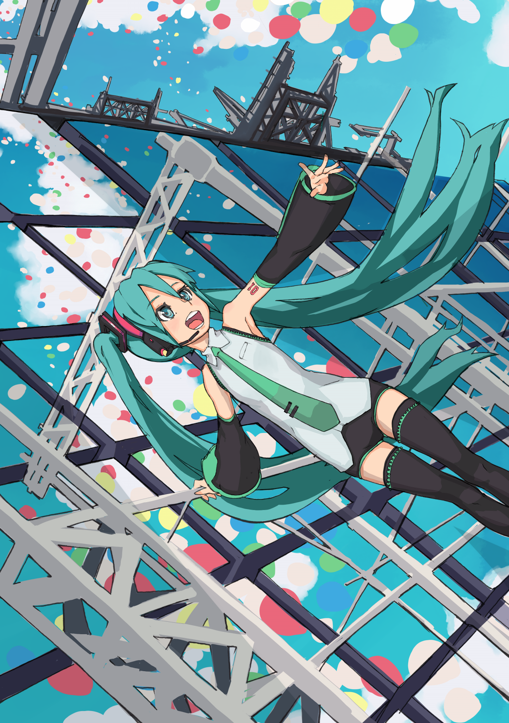 karakusa senbei, wr (karakusa senbei), hatsune miku, vocaloid, highres, 1girl, aqua eyes, aqua hair, detached sleeves, dutch angle, female focus, headphones, headset, legs, long hair, necktie, open mouth, shorts, solo, thighhighs, twintails, very long hair, zettai ryouiki