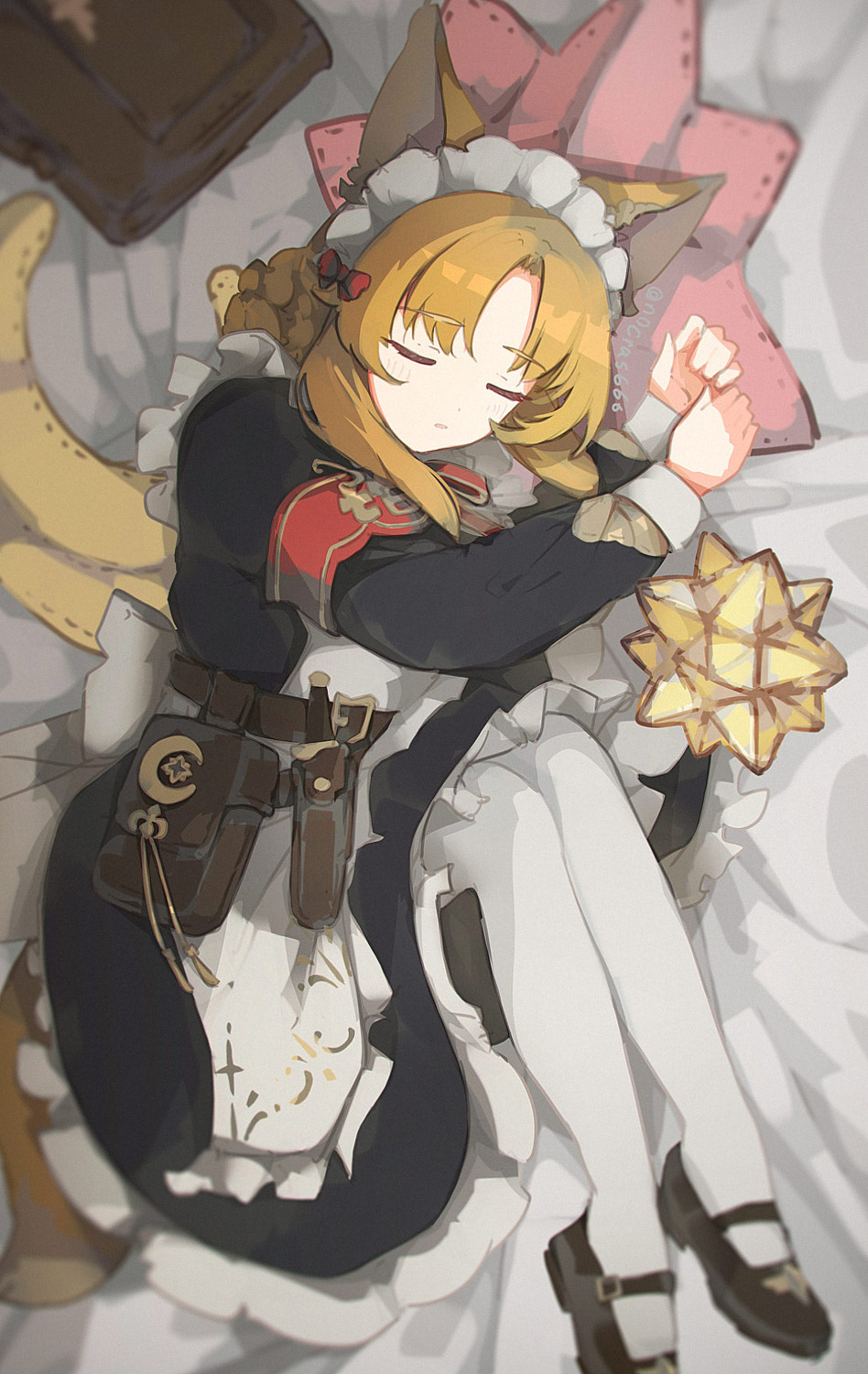 nocras, original, highres, animal ears, bag, knife, maid, maid headdress, on bed, ribbon, shoes, sleeping
