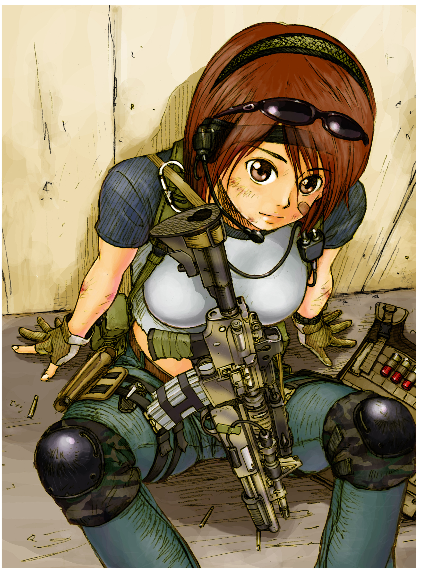 humi, humi (jun-shu), original, highres, 1girl, 870 mcs, assault rifle, bandaid, bandaid on face, brown eyes, brown hair, bullet, female focus, fingerless gloves, gloves, gun, hairband, headset, knee pads, m4 carbine, midriff, military operator, partially fingerless gloves, raglan sleeves, rifle, short hair, shotgun, sitting, solo, sunglasses, weapon