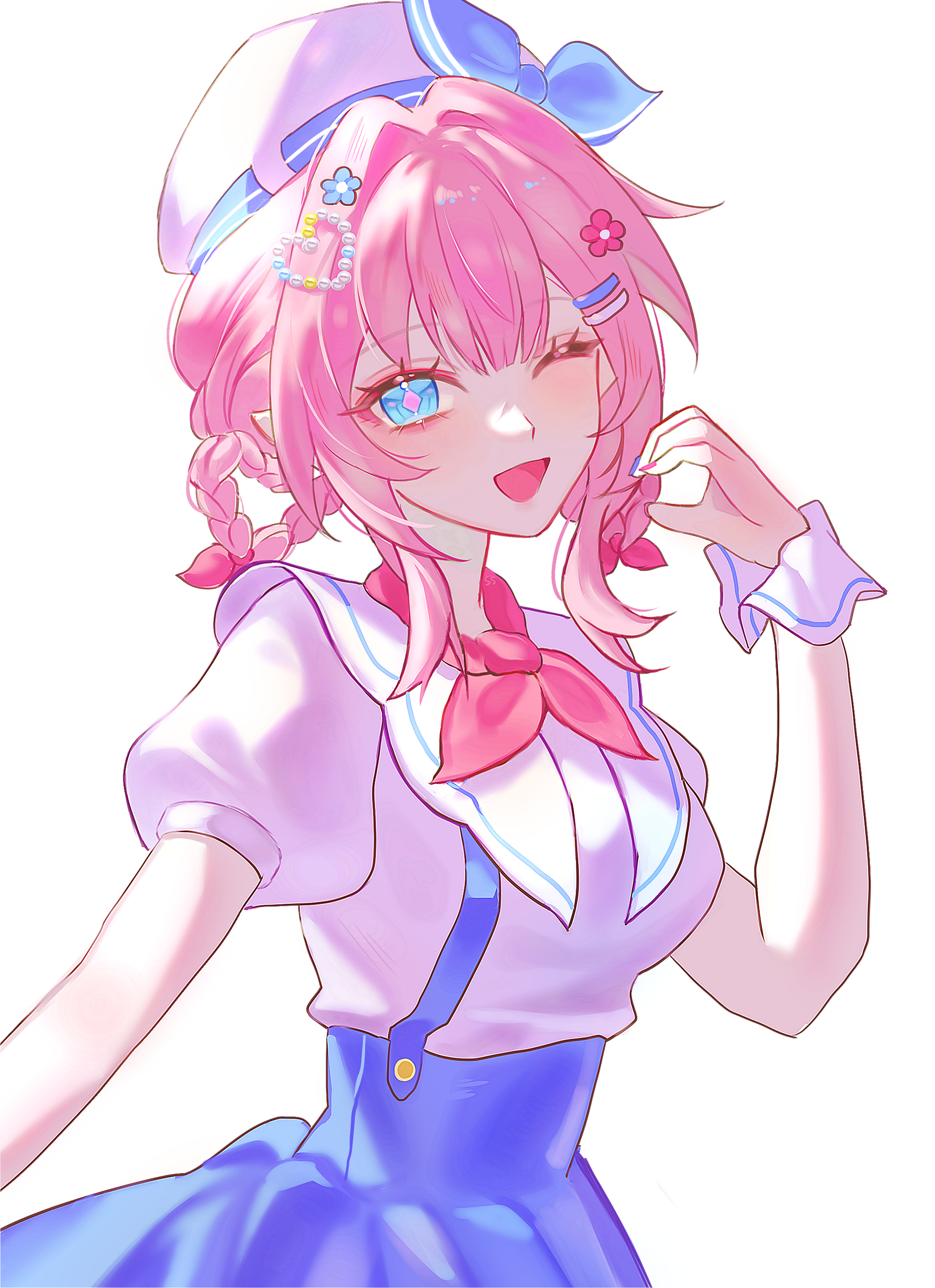 cyrene (honkai: star rail), cyrene (philia093) (honkai: star rail), honkai: star rail, honkai (series), absurdres, commentary, highres, 1girl, ;o, beret, blue eyes, blue skirt, breasts, cyrene (philia093) (keeping promise) (honkai: star rail), hair rings, half-heart hands, hat, large breasts, looking at viewer, official alternate costume, one eye closed, pink hair, shirt, simple background, single hair ring, skirt, solo, ssamsa0404, suspender skirt, suspenders, white background, white shirt