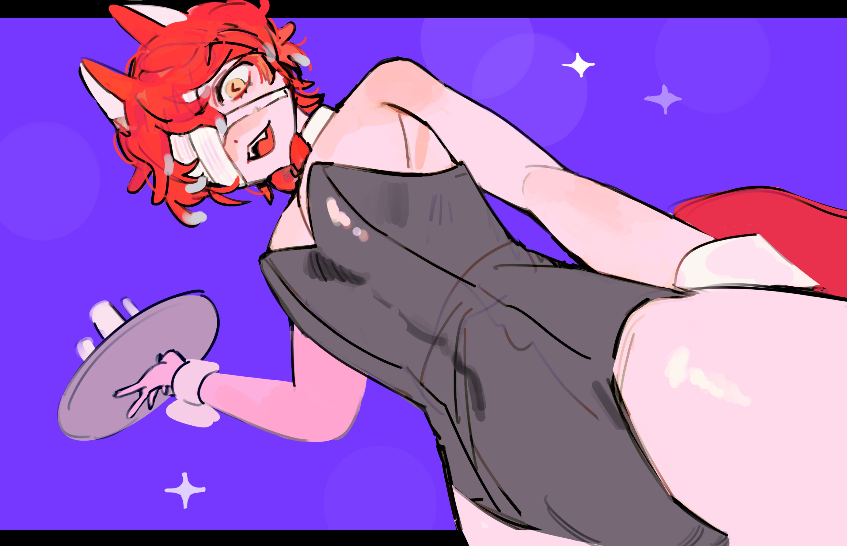 wedamame, florian brand, florian brand (proposal), identity v, highres, 1boy, :3, :d, alternate costume, animal ears, bandage over one eye, bow, bowtie, covered navel, detached collar, fangs, fox boy, fox ears, holding, holding tray, letterboxed, looking at viewer, male focus, male playboy bunny, open mouth, outside border, purple background, red bow, red bowtie, red hair, smile, solo, symbol-shaped pupils, tray, upper body, yellow eyes