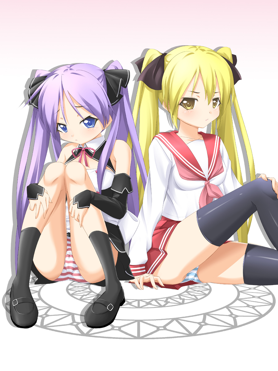 nakki, hiiragi kagami, mian (dream c club), dream c club, dream c club (series), lucky star, bad id, bad pixiv id, highres, 2girls, bare shoulders, black socks, black thighhighs, blonde hair, blue eyes, blush, bow, collarbone, cosplay, costume switch, crossover, detached sleeves, frown, hair ribbon, hiiragi kagami (cosplay), kneehighs, mary janes, mian (dream c club) (cosplay), multiple girls, panties, pleated skirt, purple hair, ribbon, school uniform, serafuku, shoes, skirt, socks, striped clothes, striped panties, thighhighs, thighs, tsurime, twintails, underwear, waitress, yellow eyes, zettai ryouiki