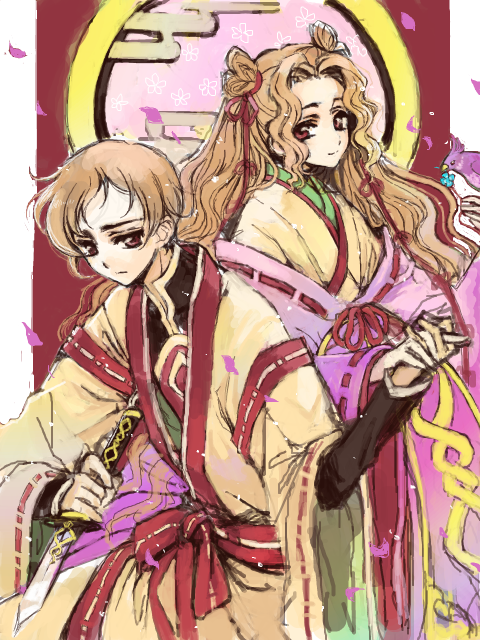rahit, nunnally vi britannia, rolo lamperouge, code geass, 00s, 1boy, 1girl, bird, brown eyes, brown hair, flower, hair ribbon, japanese clothes, long hair, petals, ribbon, short hair, smile, sword, weapon