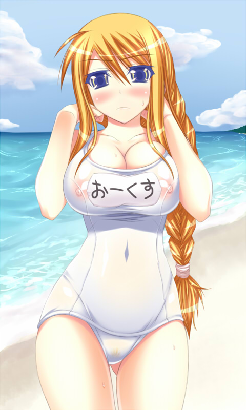 morimoto kiyona, agrias oaks, final fantasy, final fantasy tactics, bad id, bad pixiv id, 1girl, beach, blonde hair, blue eyes, blush, braid, breasts, cleavage, day, female focus, female pubic hair, large breasts, long hair, ocean, one-piece swimsuit, outdoors, pubic hair, school swimsuit, see-through clothes, solo, swimsuit, water, white one-piece swimsuit, white school swimsuit