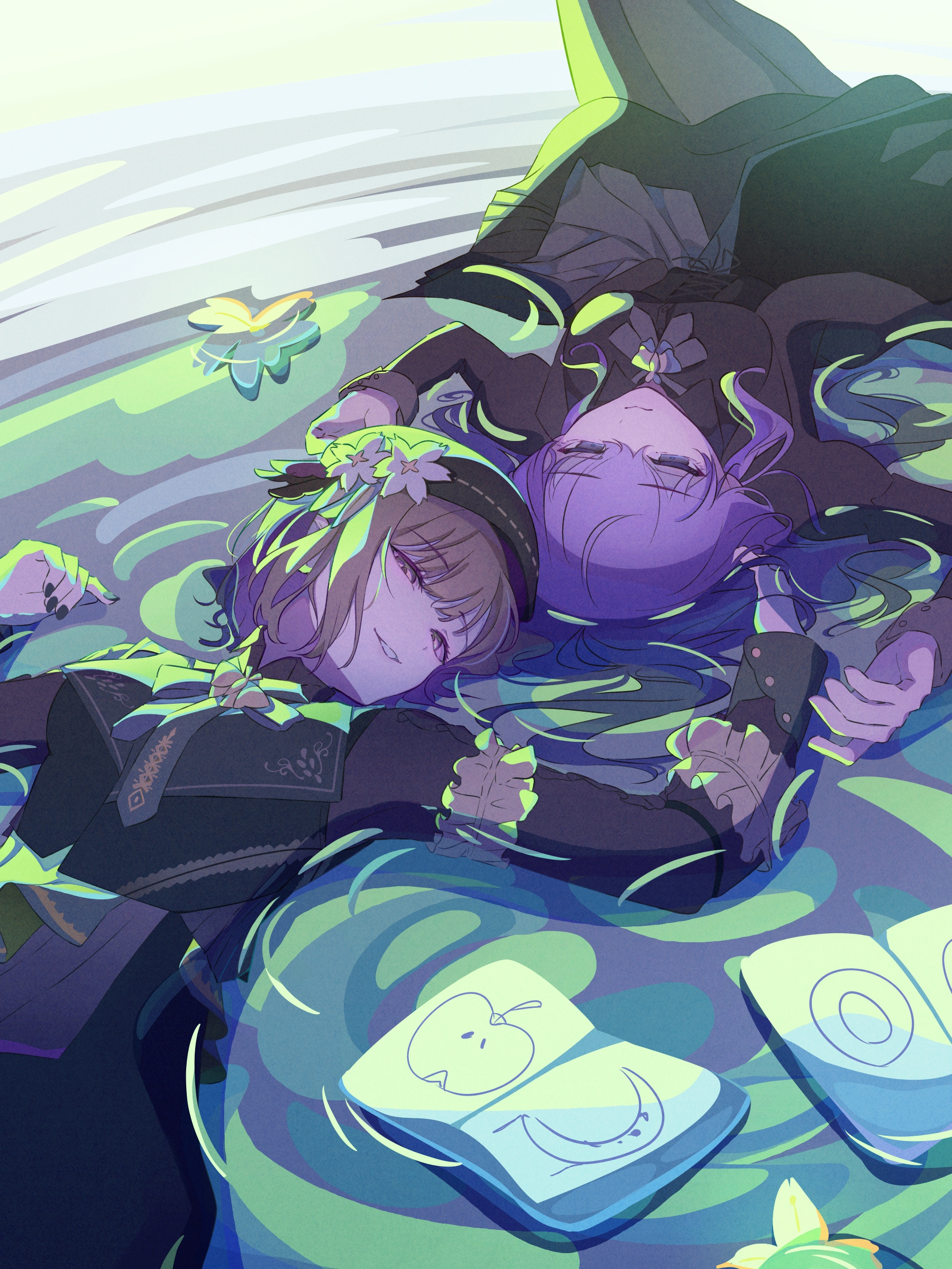 asahina mafuyu, shinonome ena, project sekai, absurdres, commentary, highres, 2girls, black dress, black hat, black nails, book, breasts, brown eyes, brown hair, dress, expressionless, flower, frilled shirt, frills, green light, green water, hat, hat flower, immiscible discord (project sekai), light smile, lying, medium breasts, multiple girls, official alternate costume, official alternate hairstyle, on back, open book, parted lips, purple eyes, purple hair, shirt, soshite hari wa ugokidasu (project sekai), upside-down, white flower, yucchiimi
