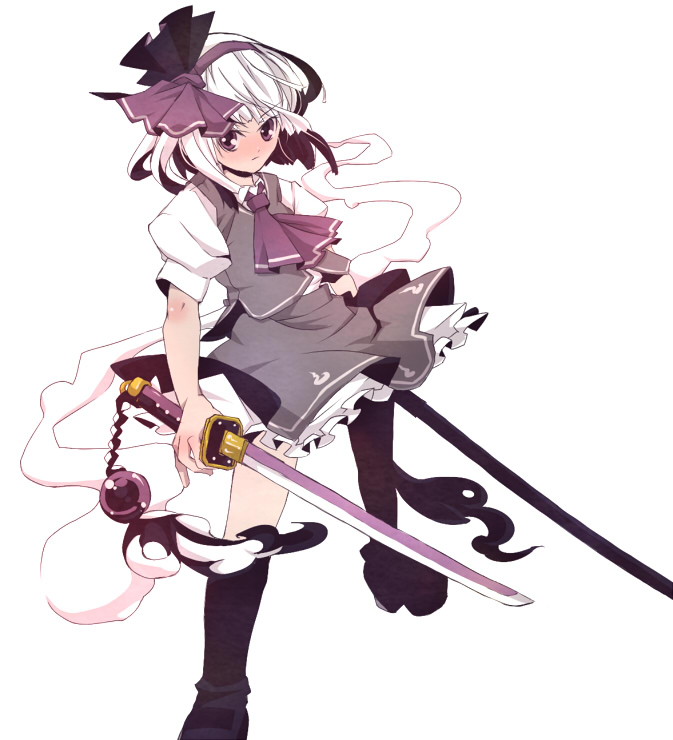 tm (gf-tm), konpaku youmu, konpaku youmu (ghost), touhou, silver hair, bad id, bad pixiv id, 1girl, black eyes, dual wielding, female focus, hairband, hitodama, holding, katana, short hair, simple background, solo, sword, weapon