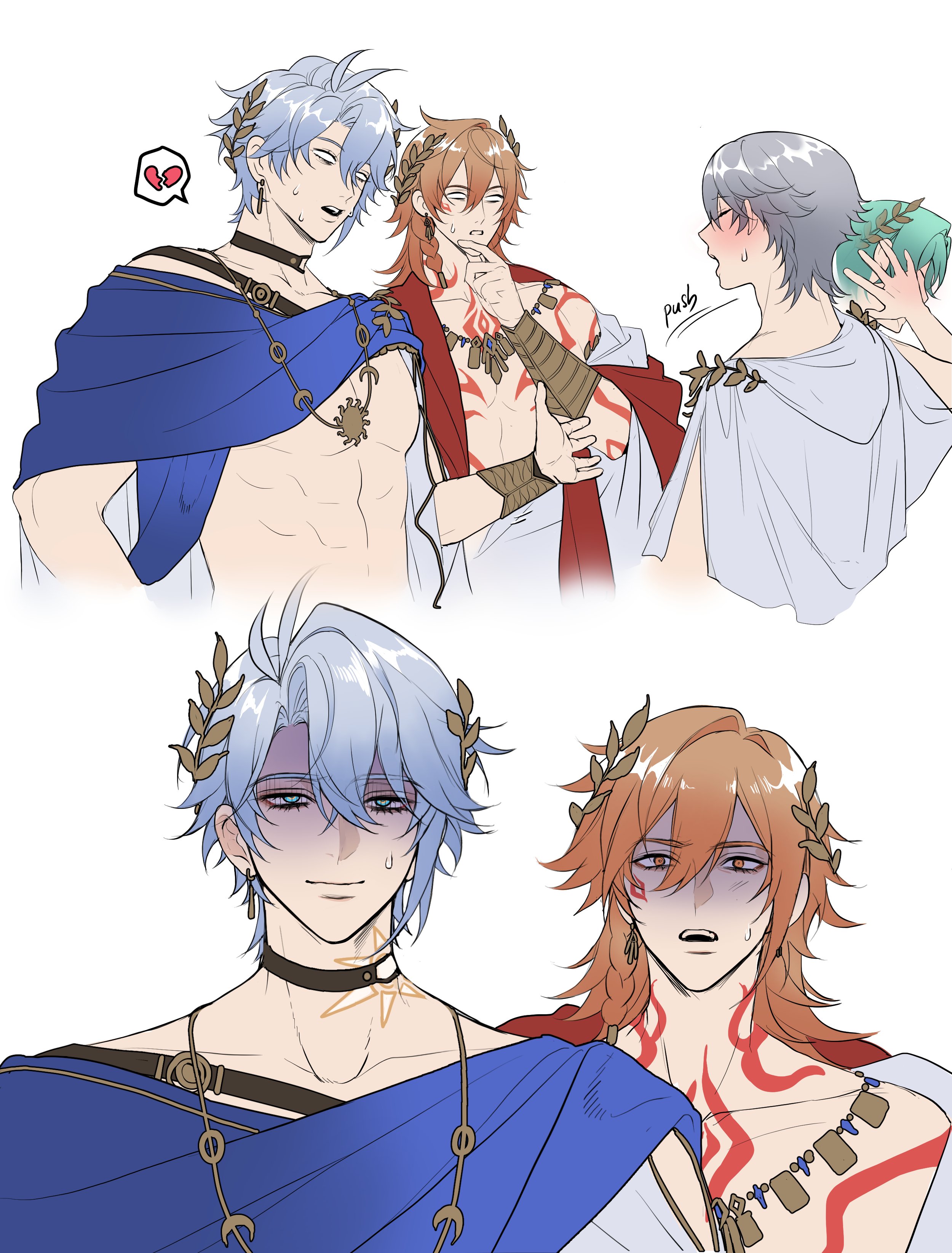 pnk crow, anaxa (honkai: star rail), caelus (honkai: star rail), mydei (honkai: star rail), phainon (honkai: star rail), trailblazer (honkai: star rail), honkai: star rail, honkai (series), absurdres, highres, 4boys, after kiss, bare shoulders, closed eyes, closed mouth, kiss, looking at another, multiple boys, open mouth, thai commentary, watermark, white background, yaoi