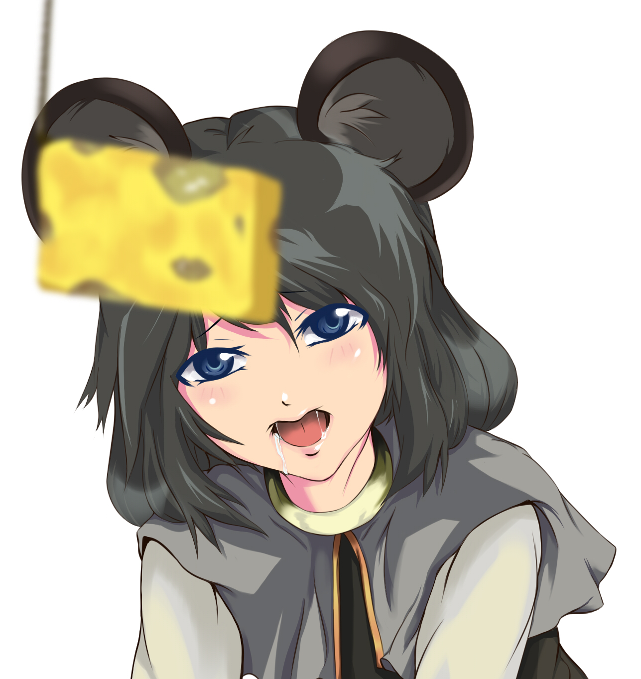 gakkun, nazrin, touhou, bad id, bad pixiv id, highres, 1girl, animal ears, blue eyes, cheese, female focus, food, grey hair, mouse ears, open mouth, saliva, solo, white background