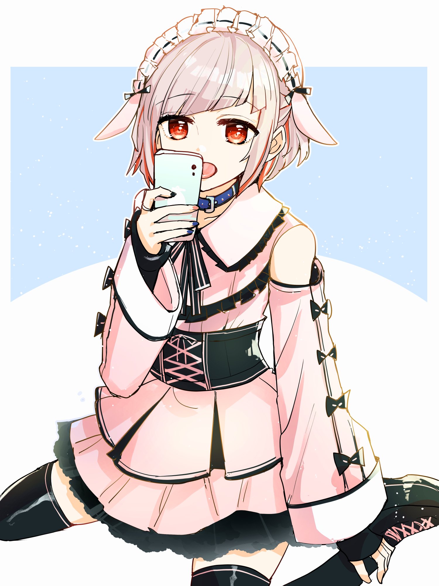 kanduki kamibukuro, yugiri tsuzuri, link! like! love live!, love live!, commentary request, highres, 1girl, alternate costume, bare shoulders, black ribbon, black shoes, black thighhighs, blue background, cellphone, clothing cutout, collared shirt, diagonal bangs, grey hair, half updo, holding, holding phone, jirai kei, looking at viewer, miniskirt, multicolored hair, neck ribbon, open mouth, phone, pink shirt, pink skirt, red eyes, red streaks, ribbon, shirt, shoes, short hair, shoulder cutout, sitting, skirt, smartphone, sneakers, solo, streaked hair, thighhighs, virtual youtuber, wariza, zettai ryouiki