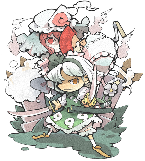 hounori, konpaku youmu, konpaku youmu (ghost), saigyouji yuyuko, touhou, 2girls, female focus, flower, hat, katana, multiple girls, pink hair, red eyes, short hair, sword, underwear, weapon, white hair