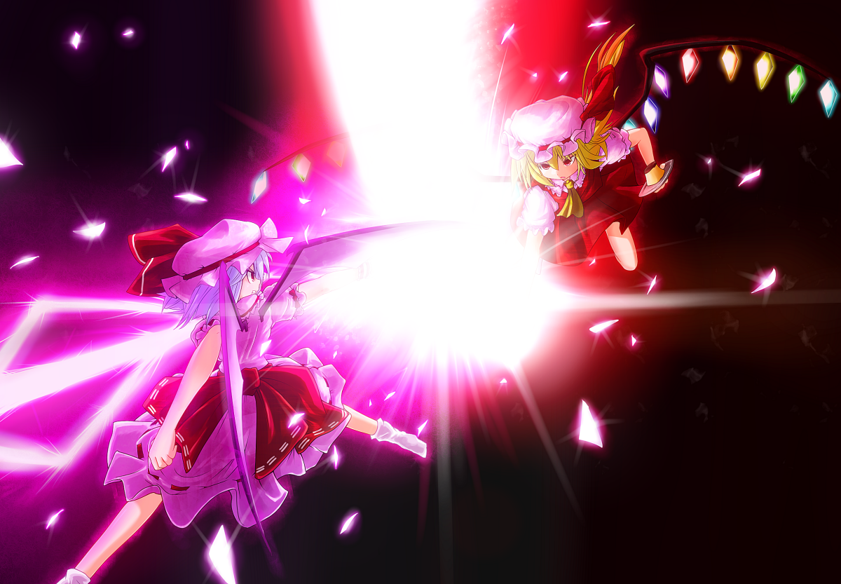 hidarimae, tyourou god, flandre scarlet, remilia scarlet, touhou, light purple hair, bad id, 2girls, bat wings, battle, blonde hair, clenched teeth, female focus, flying, food, glass, hat, magic, multiple girls, one side up, ponytail, pudding, purple hair, red eyes, serious, short hair, siblings, side ponytail, sisters, teeth, wings