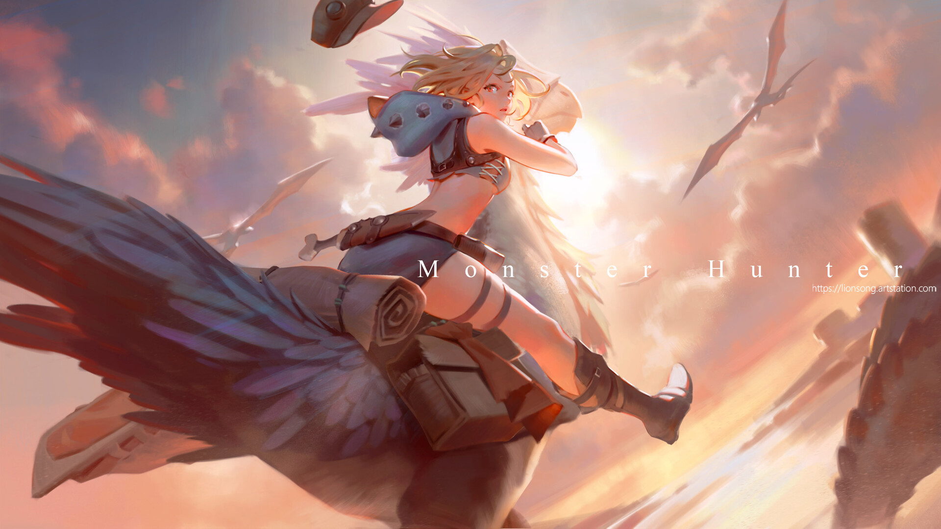 lionsong, monster hunter (series), monster hunter wilds, animal request, character request, commentary, english commentary, highres, 1girl, artstation username, belt, blonde hair, boots, brown bag, brown belt, brown boots, brown hat, building, cloud, cloudy sky, copyright name, cropped hoodie, dragon, floating hat, flying, gloves, hat, hood, hoodie, knife sheath, looking back, open mouth, orange eyes, riding, riding animal, sheath, sky, sun, thigh strap, watermark, web address, white gloves, white hoodie