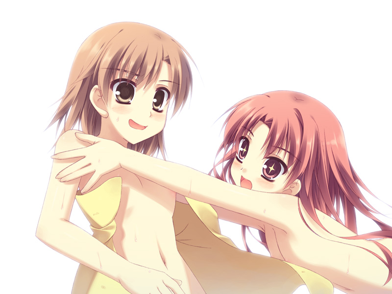 moriguchi yuu, misaka mikoto, shirai kuroko, toaru kagaku no railgun, toaru majutsu no index, + +, 00s, 2girls, brown eyes, brown hair, flat chest, long hair, multiple girls, navel, nude, red eyes, red hair, simple background, towel, white background