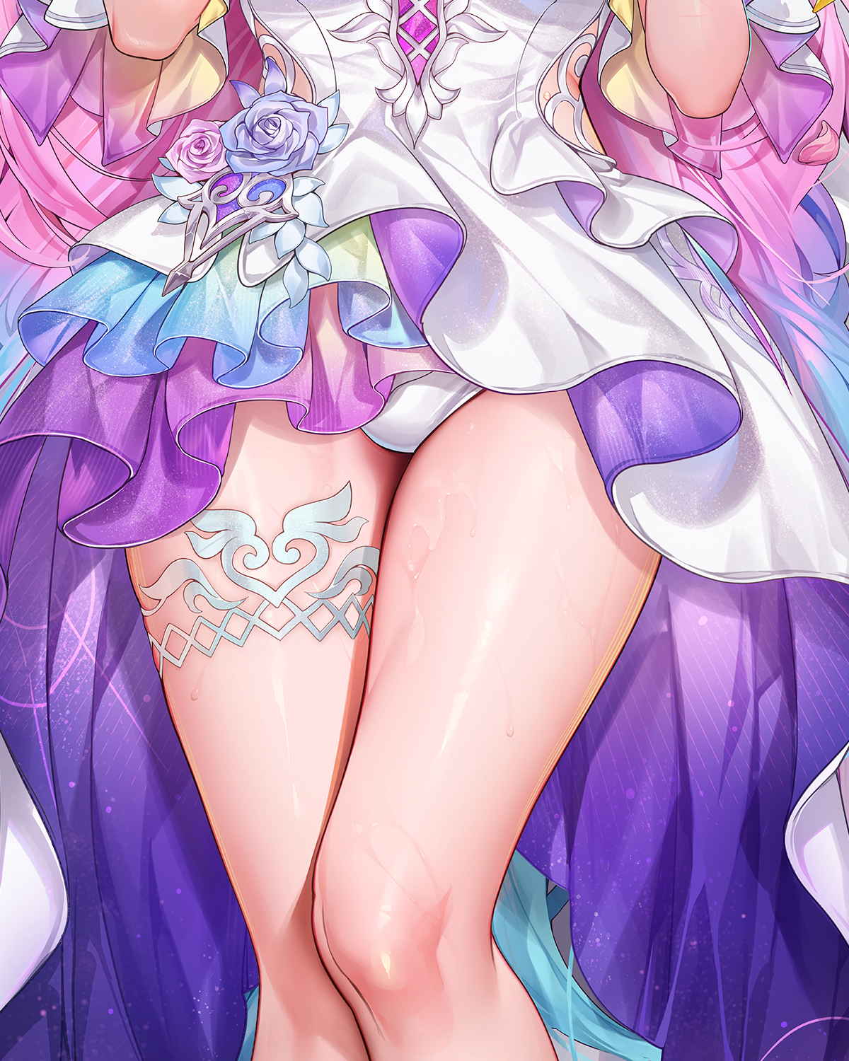 machi (machi0910), cyrene (demiurge) (honkai: star rail), cyrene (honkai: star rail), honkai: star rail, honkai (series), commentary request, highres, merchandise available, 1girl, aqua hair, dakimakura (medium), dress, flower, gradient hair, leg focus, legs together, long hair, multicolored hair, pink flower, pink hair, pink rose, purple flower, purple rose, rose, solo, thighs, very long hair, white dress