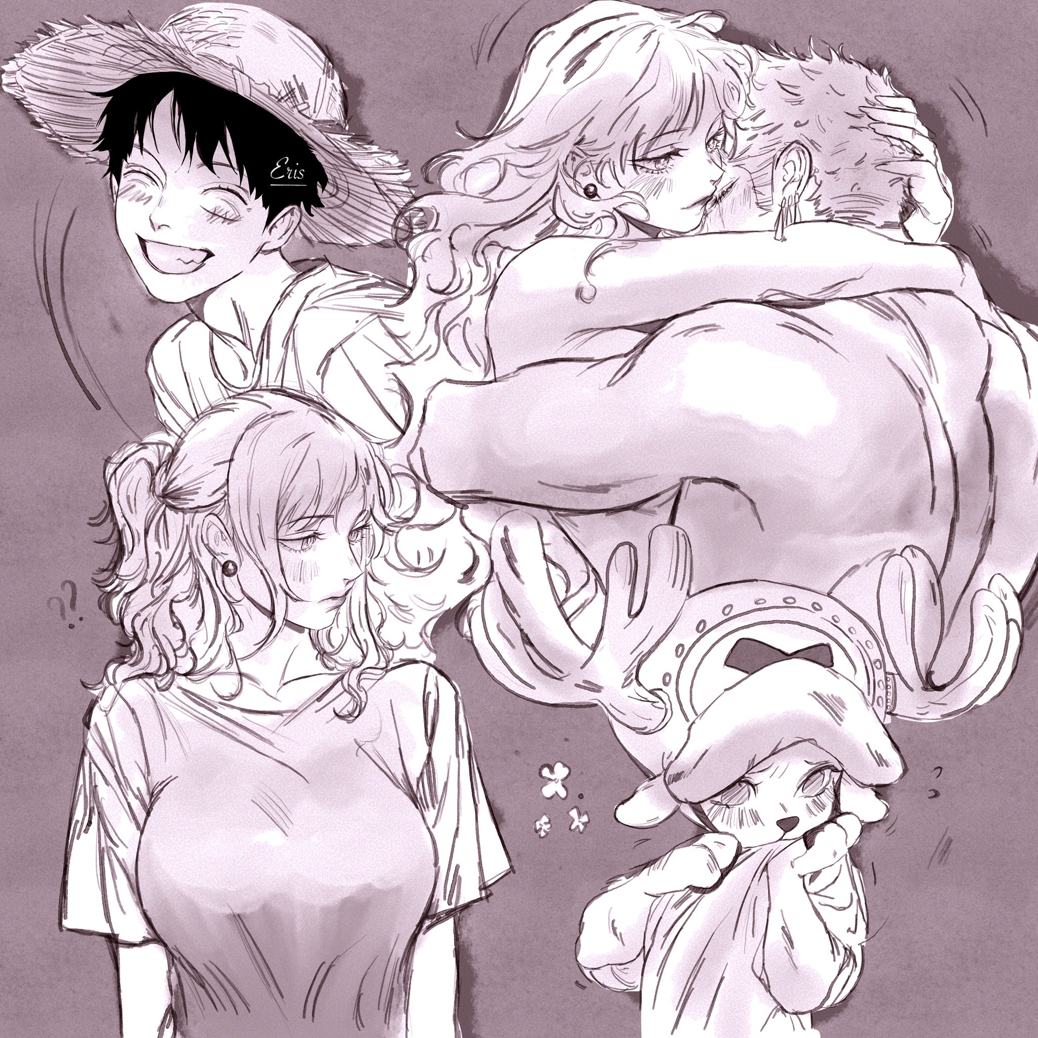 eris21471224, monkey d. luffy, nami (one piece), roronoa zoro, tony tony chopper, one piece, highres, 1girl, 3boys, ?, ??, animal ears, antlers, blush, breasts, closed mouth, deer ears, earrings, facial scar, facing viewer, flying sweatdrops, grin, hair up, hat, horns, horns through headwear, hug, jewelry, large breasts, long hair, looking to the side, monochrome, motion lines, multiple boys, reindeer antlers, reindeer boy, scar, scar on cheek, scar on face, shirt, short hair, short sleeves, smile, straw hat, upper body, wavy hair