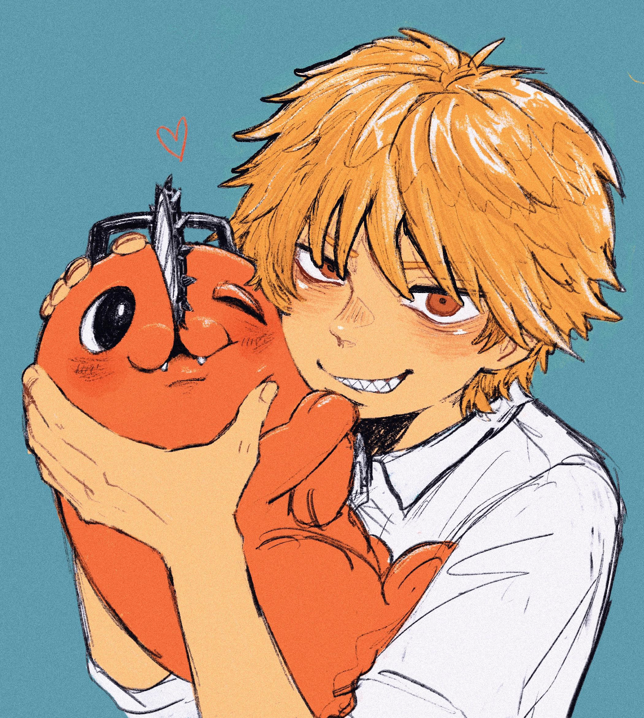 kino isobe, denji (chainsaw man), pochita (chainsaw man), chainsaw man, highres, 1boy, :3, animal hands, blonde hair, blue background, chainsaw, cheek-to-cheek, cheek press, collared shirt, creature, fangs, handle, heads together, heart, holding, holding creature, looking at another, looking at viewer, male focus, one eye closed, pet, red eyes, sharp teeth, shirt, sleeves rolled up, smile, teeth, white shirt