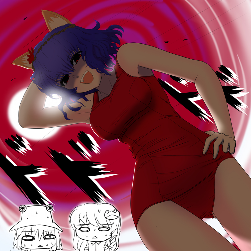 ishikkoro, kochiya sanae, moriya suwako, yasaka kanako, touhou, 3girls, :<, animal ears, arm behind head, backlighting, blue hair, cat ears, cat girl, dutch angle, female focus, from below, hand on own hip, hip focus, kemonomimi mode, looking down, multiple girls, o o, one-piece swimsuit, red eyes, red one-piece swimsuit, school swimsuit, short hair, smile, sun, sweat, swimsuit, thigh gap, thighs